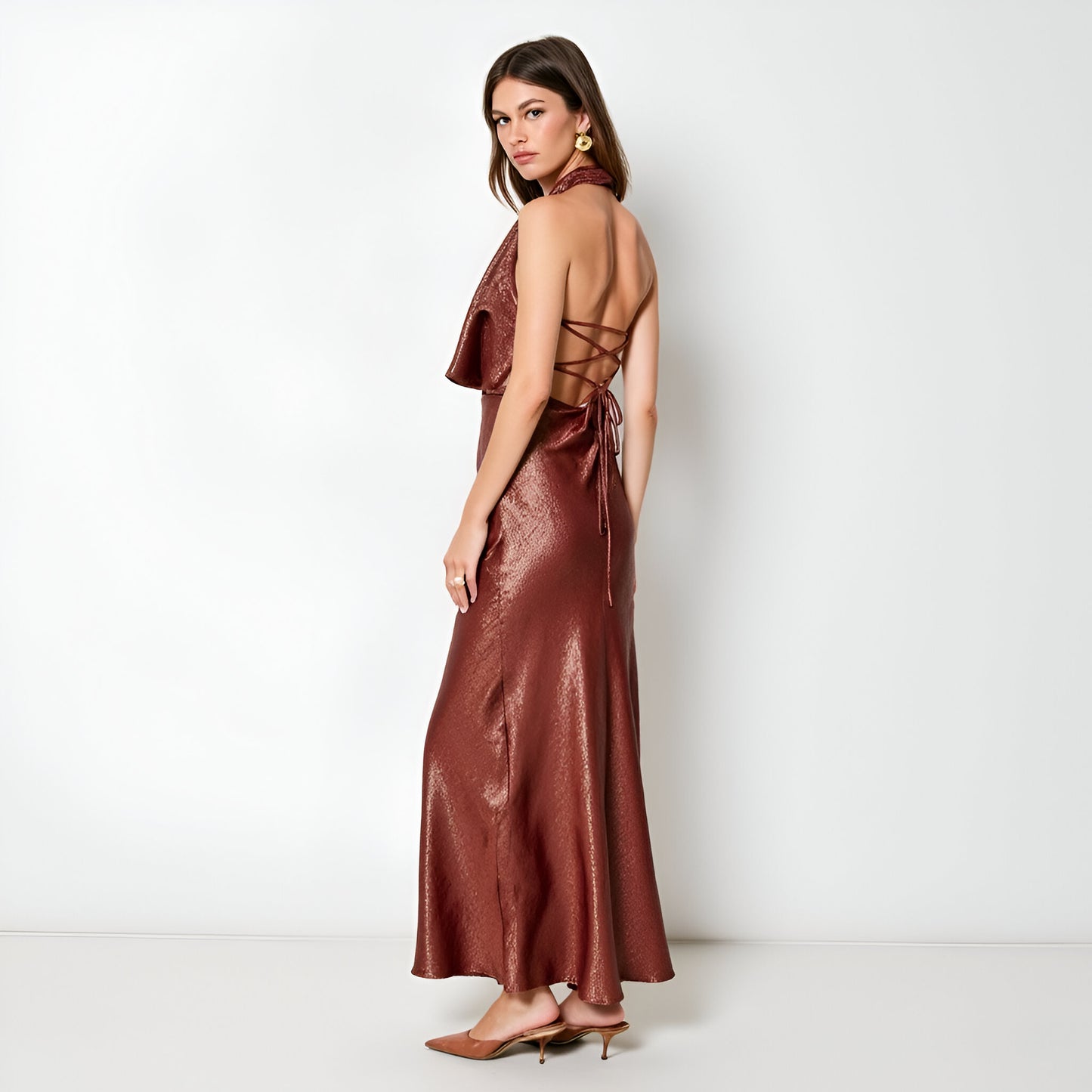 Shimmer Cowl Neck Gown with Halter Tie and Side Lace-Up Detail