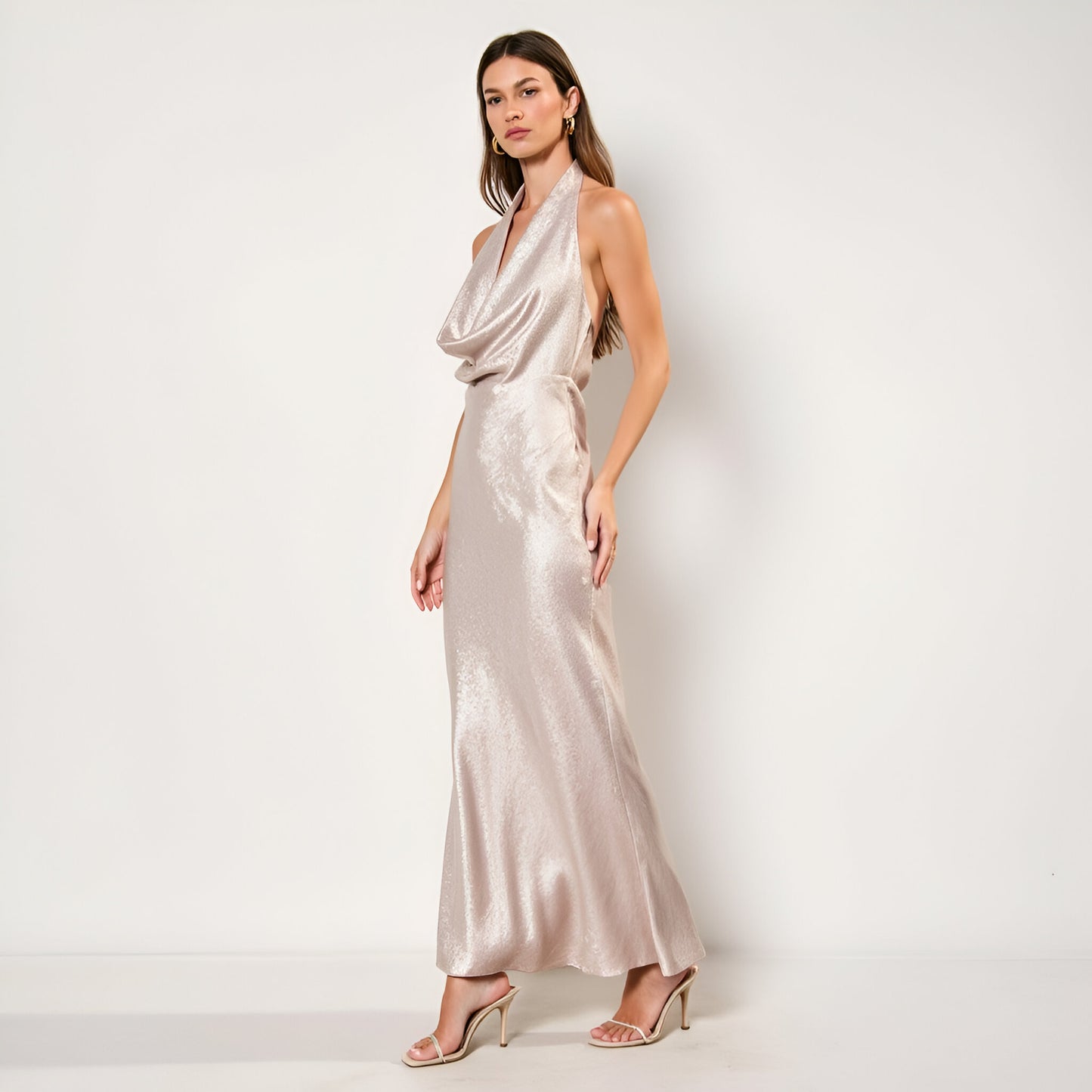 Shimmer Cowl Neck Halter Gown with Open Back and Floor-Length Skirt