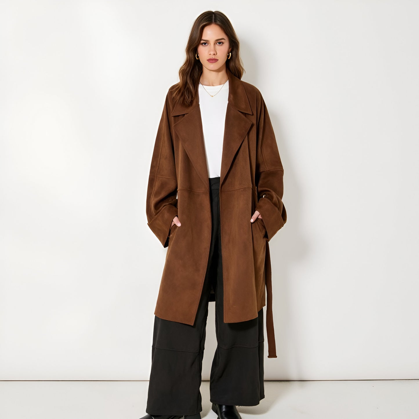 Oversized Faux Suede Coat with Wide Lapels and Side Pockets