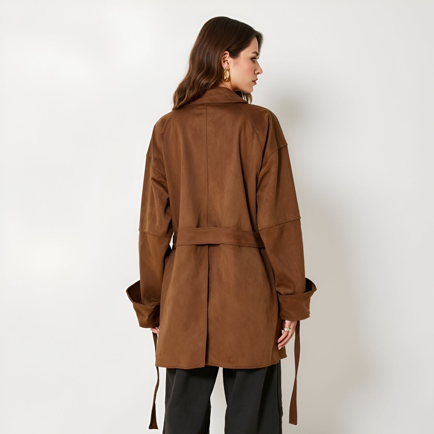 Oversized Faux Suede Coat with Wide Lapels and Side Pockets