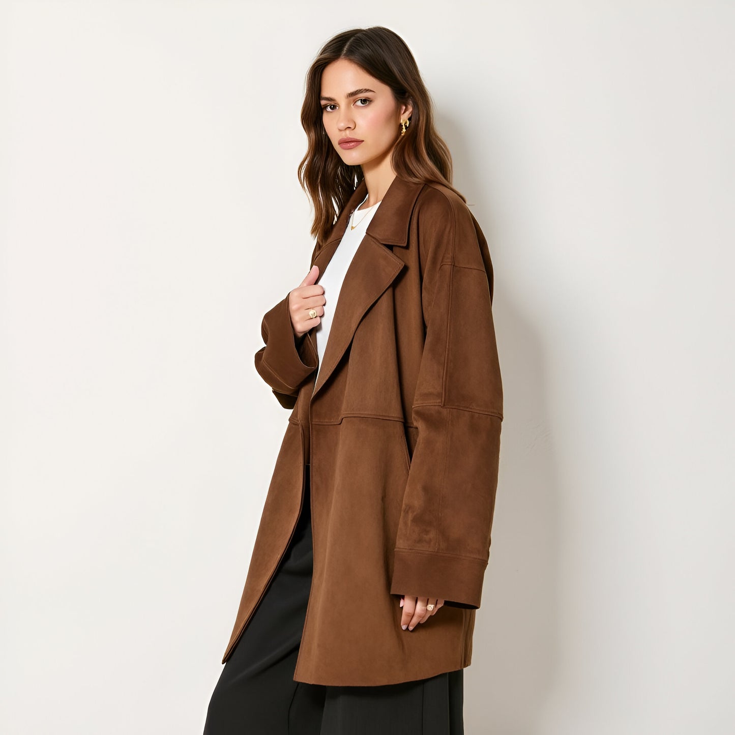 Oversized Faux Suede Coat with Wide Lapels and Side Pockets