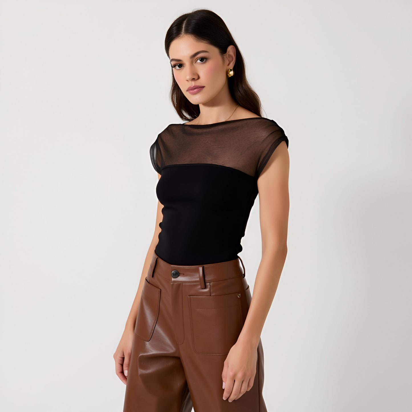 Sheer Mesh Shoulder Boatneck Top with Fitted Bodice and Cap Sleeve Detail