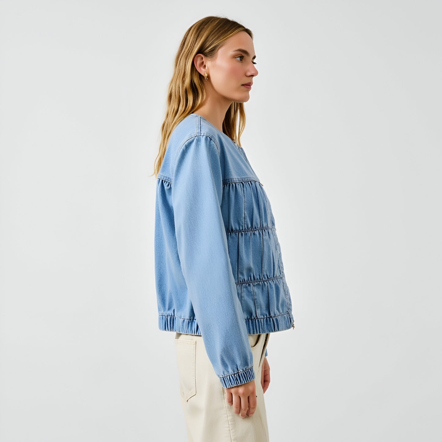 Denim Long Sleeve Jacket with Tiered Front Panels and Elastic Hem
