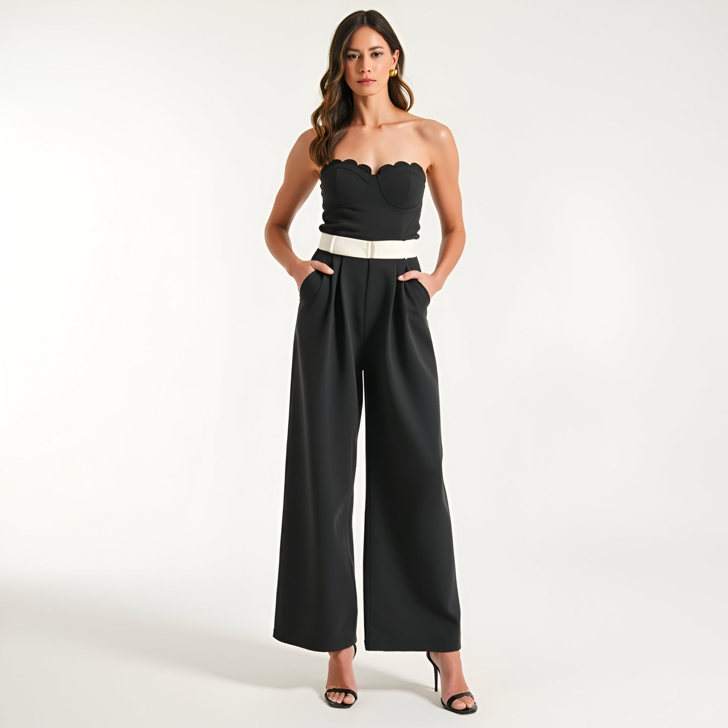 Strapless Jumpsuit with Scalloped Bodice, White Waist Belt and Wide-Leg Pants