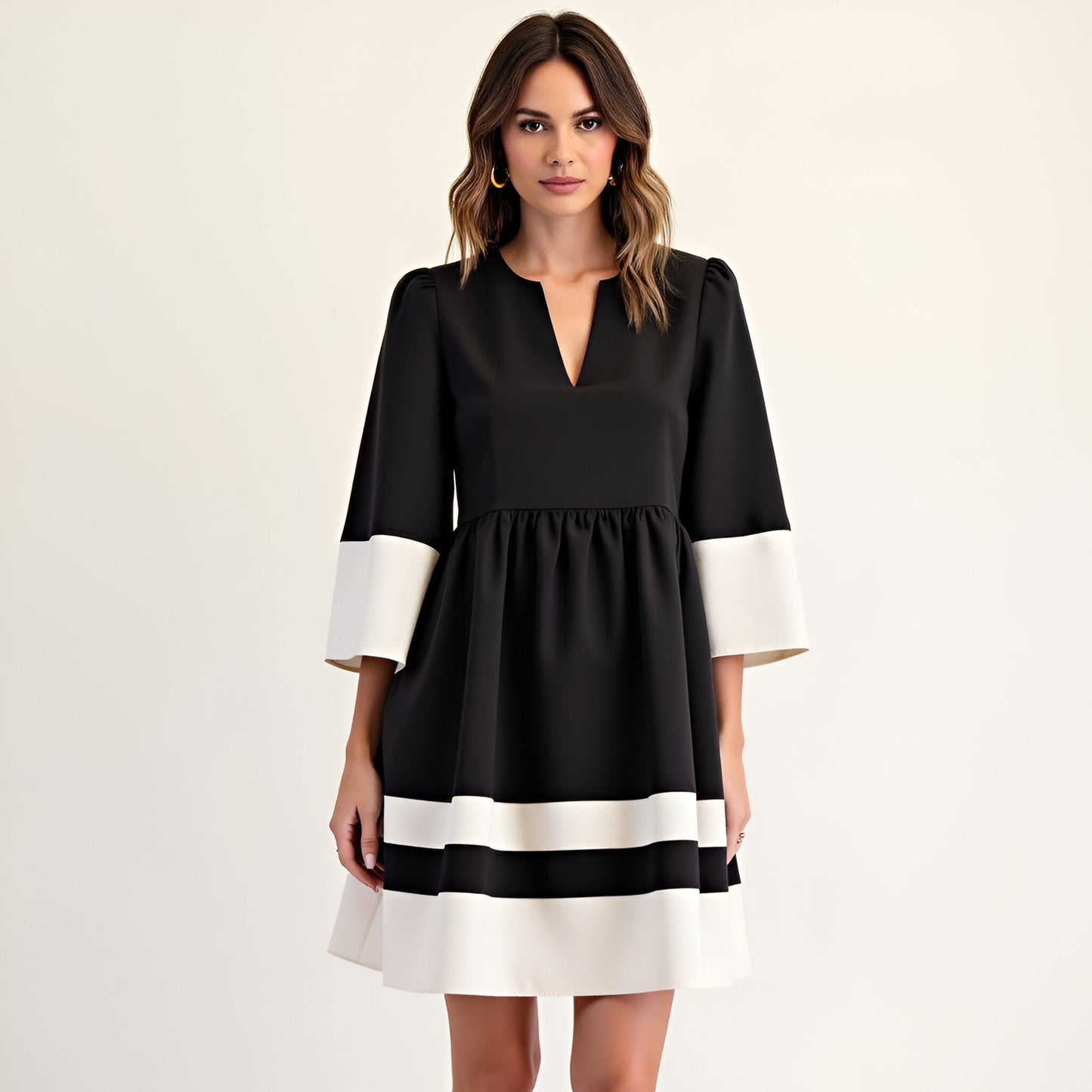 Fit and Flare Mini Dress with Contrast Trim, Cuffed Sleeves and V-Neck