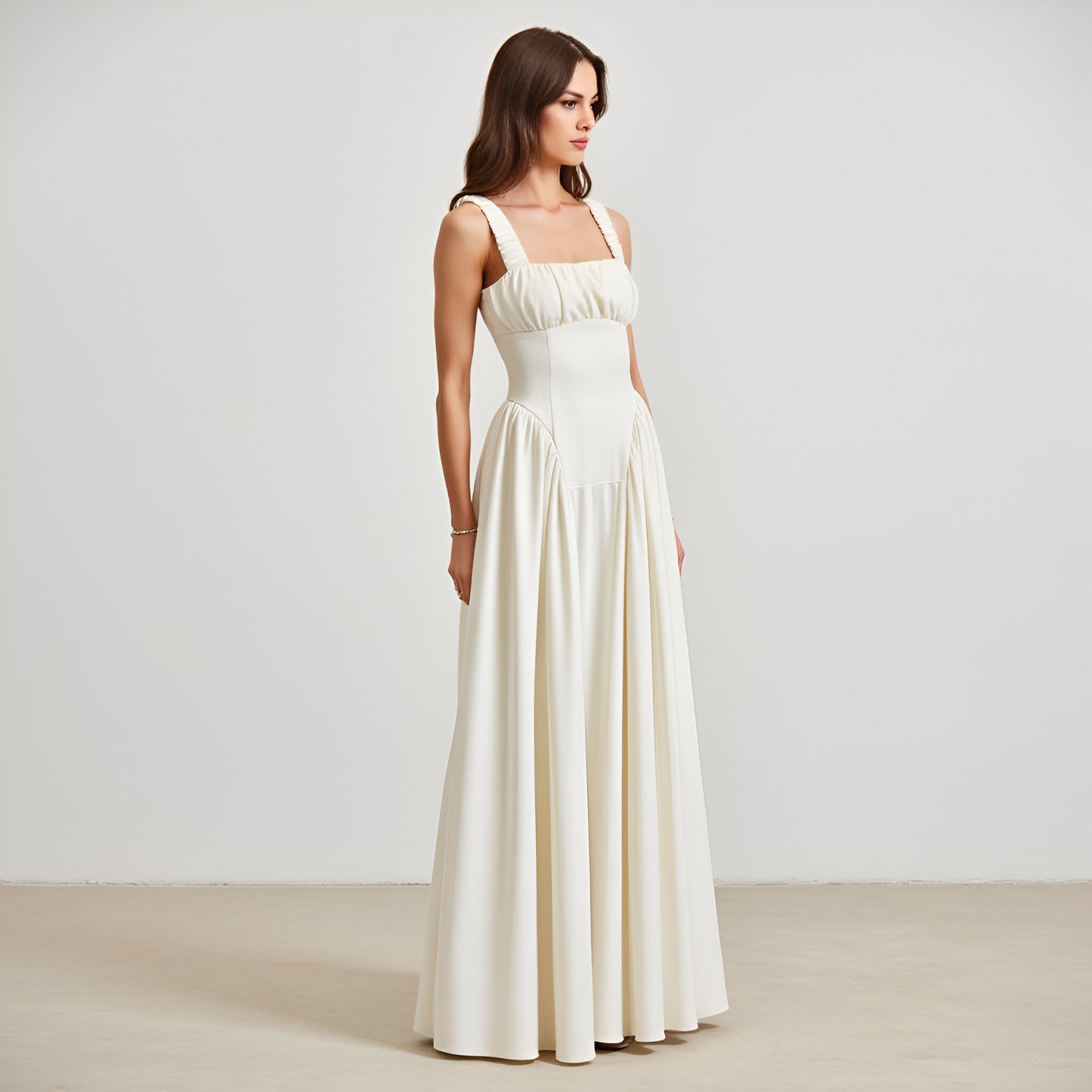 Square Neck Empire Waist Gown with Gathered Bust and Full Skirt