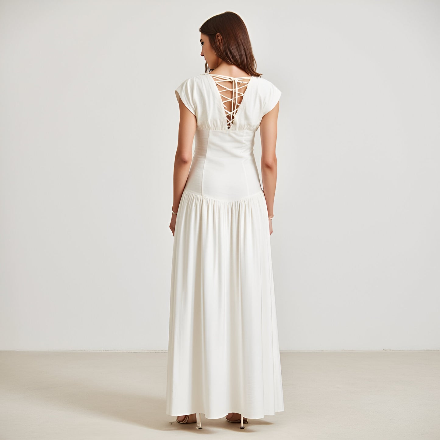 Cap Sleeve Maxi Dress with Gathered Bodice and Lace-Up Back Detail
