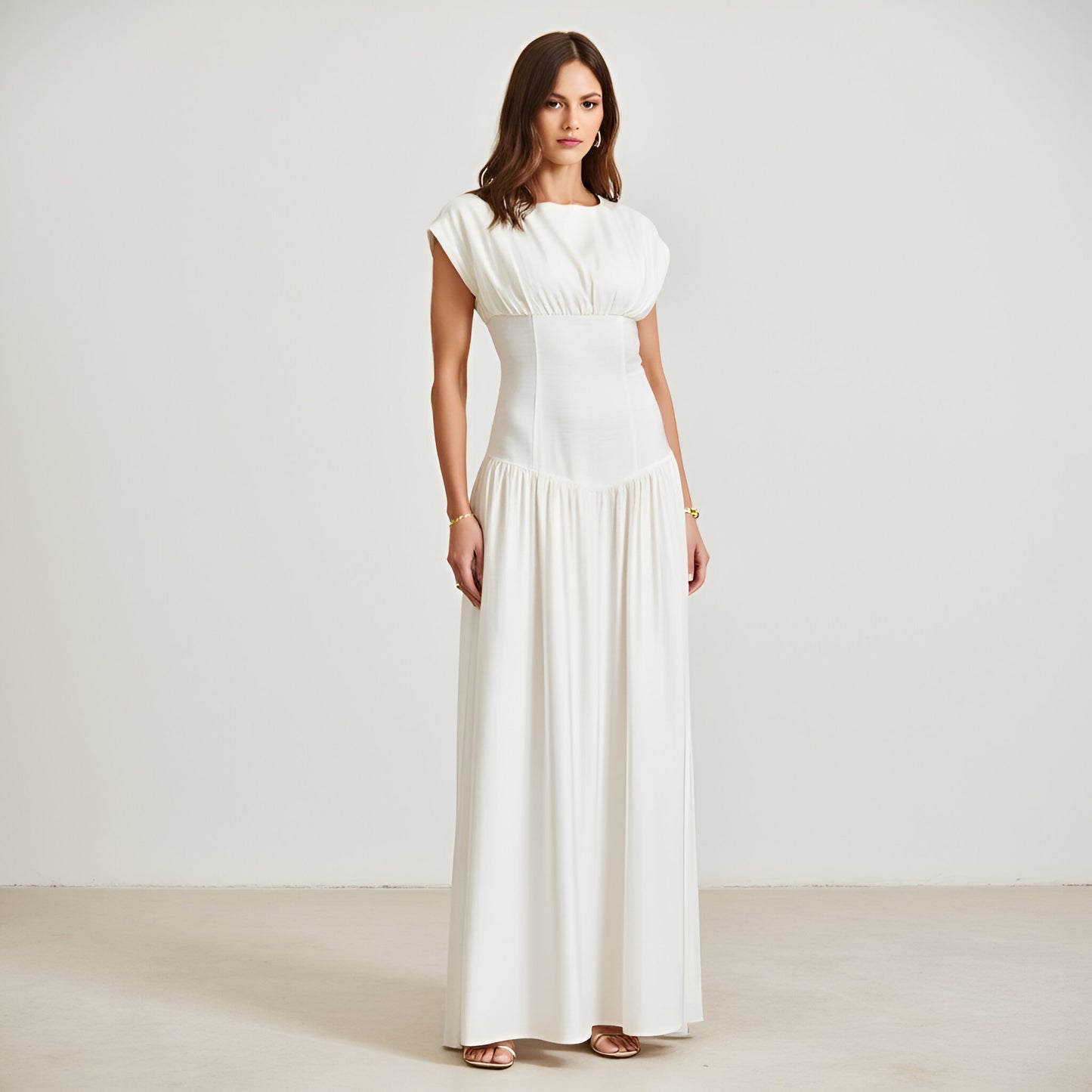 Cap Sleeve Maxi Dress with Gathered Bodice and Lace-Up Back Detail