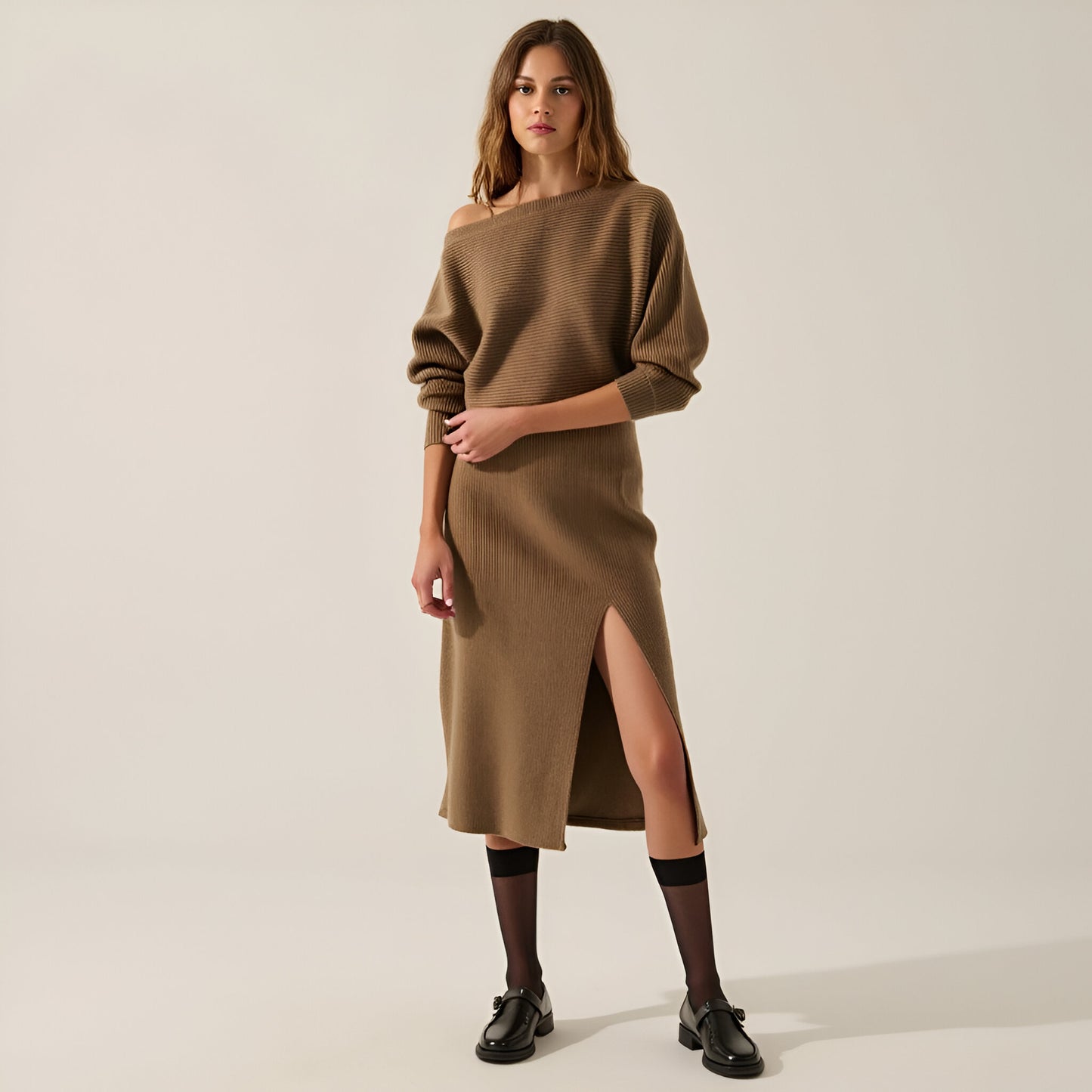 Rib-Knit One-Shoulder Dolman Midi Sweater Dress