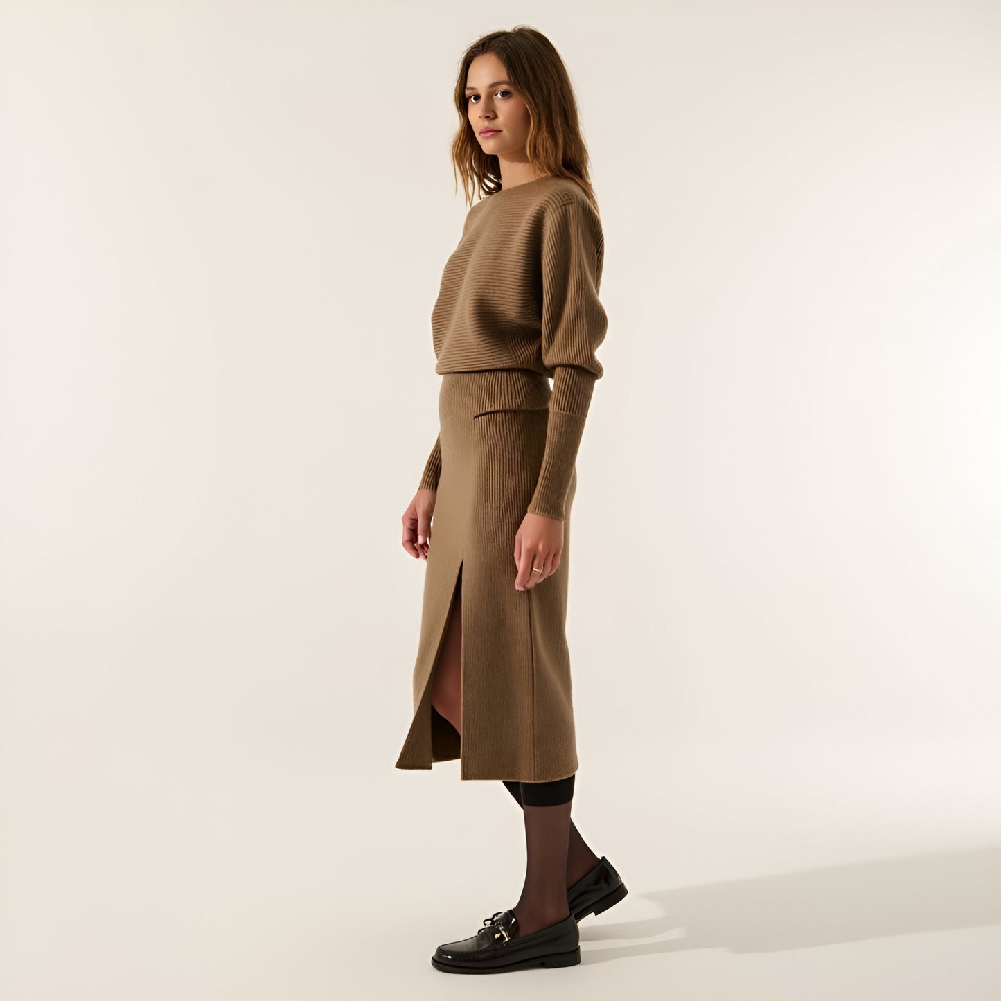 Rib-Knit One-Shoulder Dolman Midi Sweater Dress