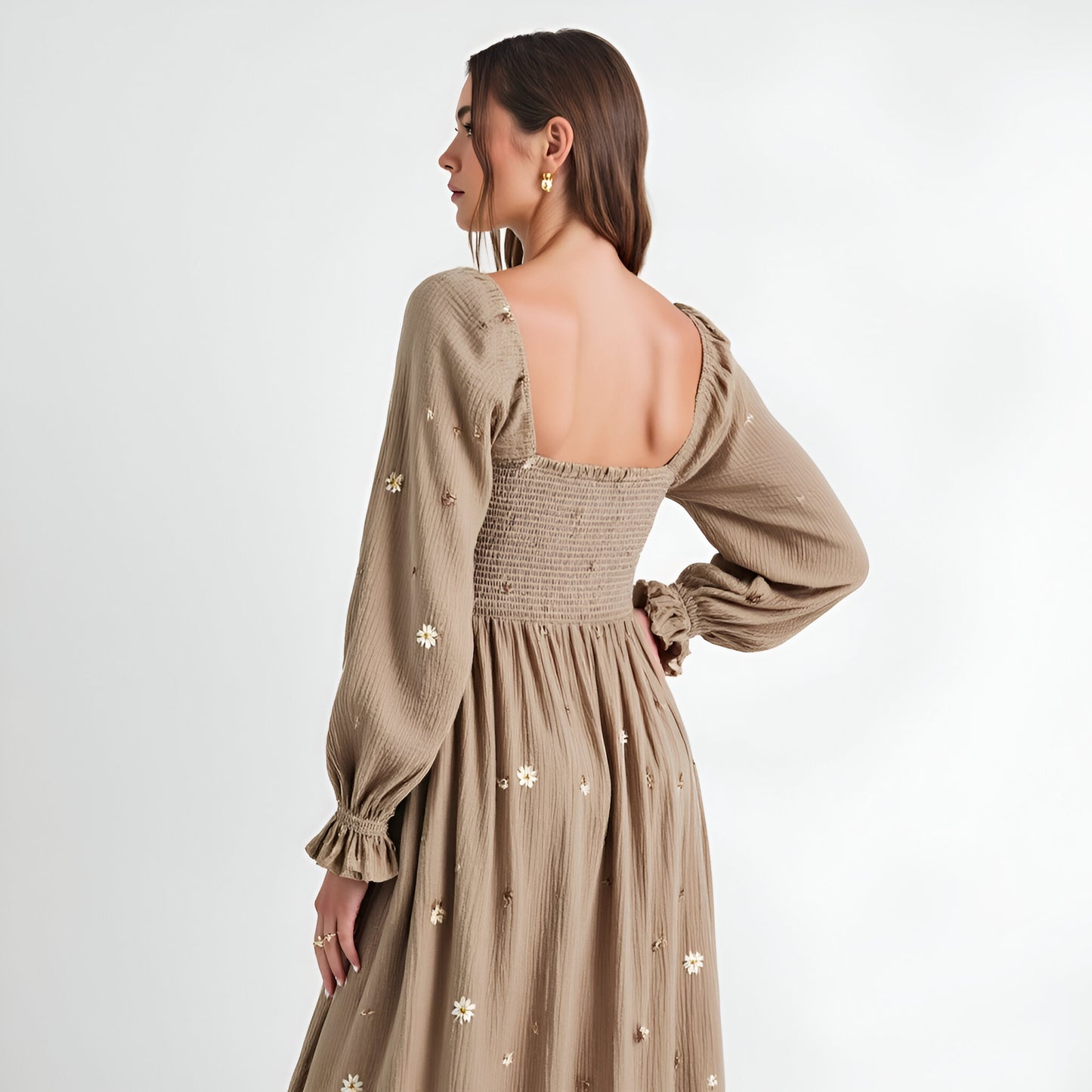 Floral-Embroidered Smocked Maxi Dress with Tiered Skirt and Open Back