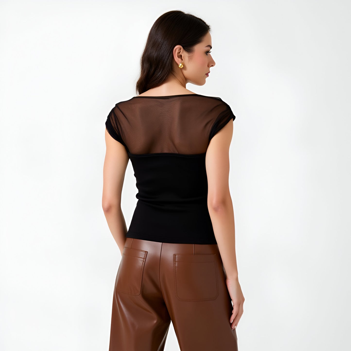 Sheer Mesh Shoulder Boatneck Top with Fitted Bodice and Cap Sleeve Detail