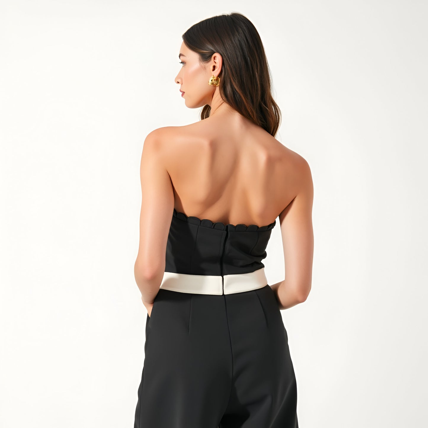Strapless Jumpsuit with Scalloped Bodice, White Waist Belt and Wide-Leg Pants