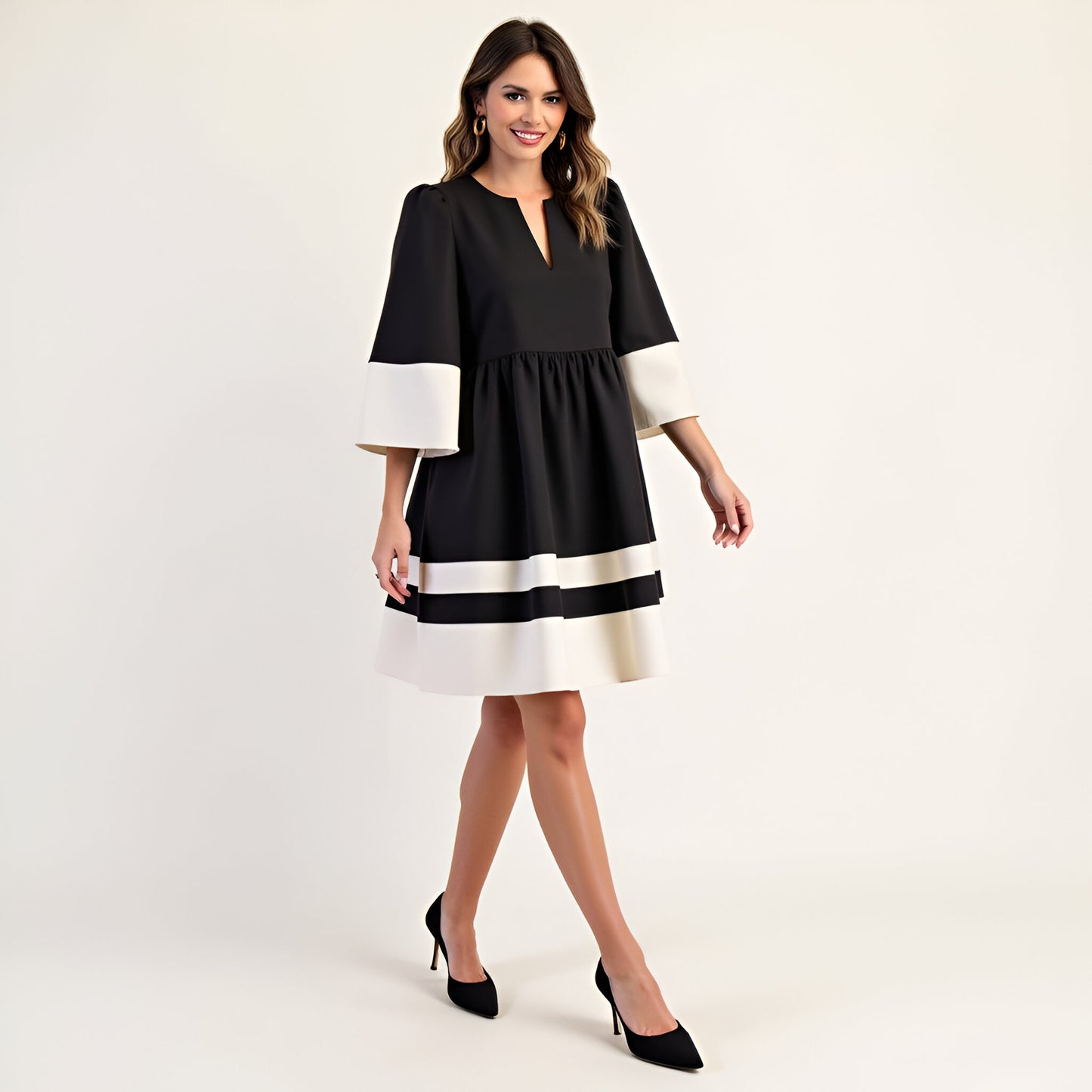 Fit and Flare Mini Dress with Contrast Trim, Cuffed Sleeves and V-Neck