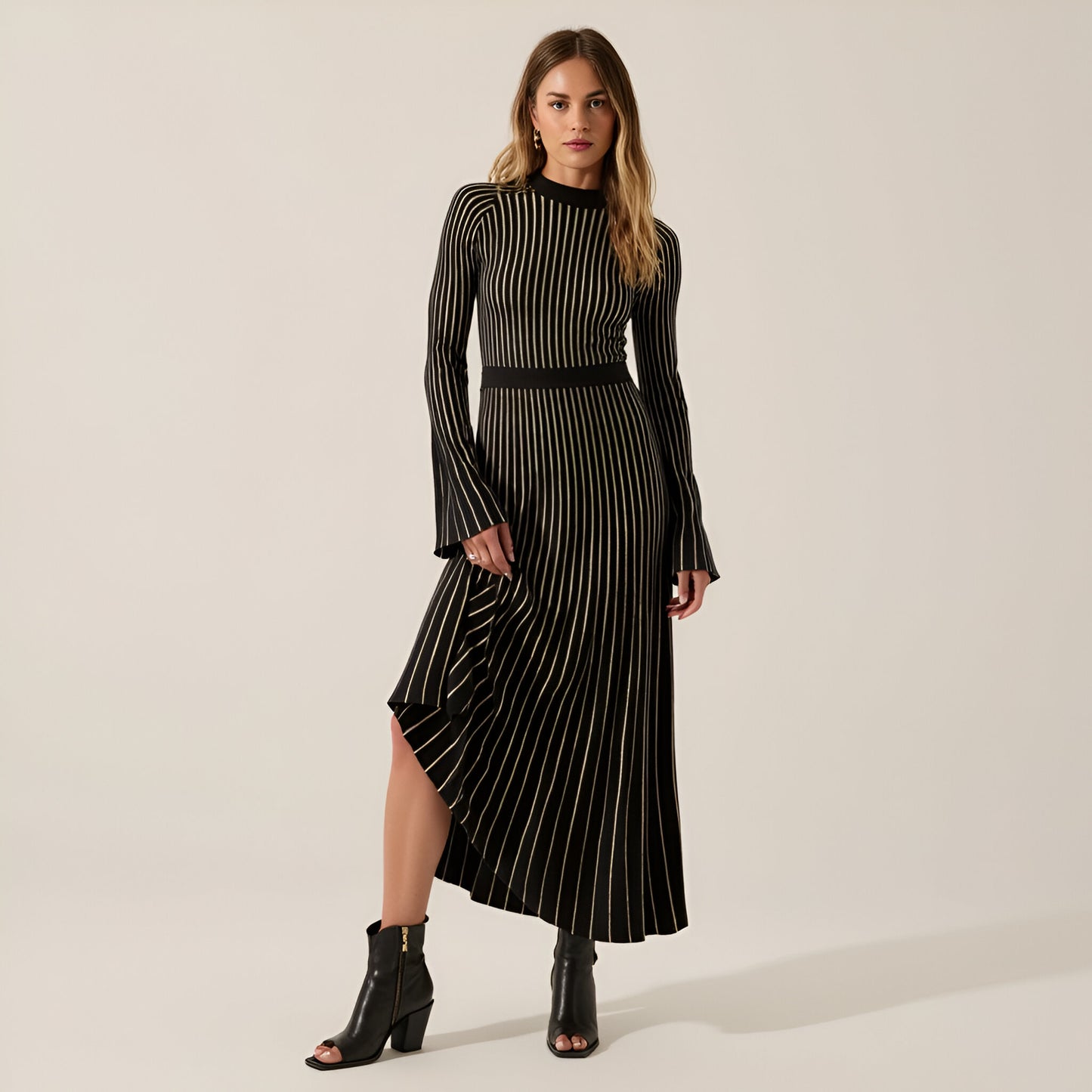 Striped Rib-Knit Long Sleeve Maxi Dress with Mock Neck