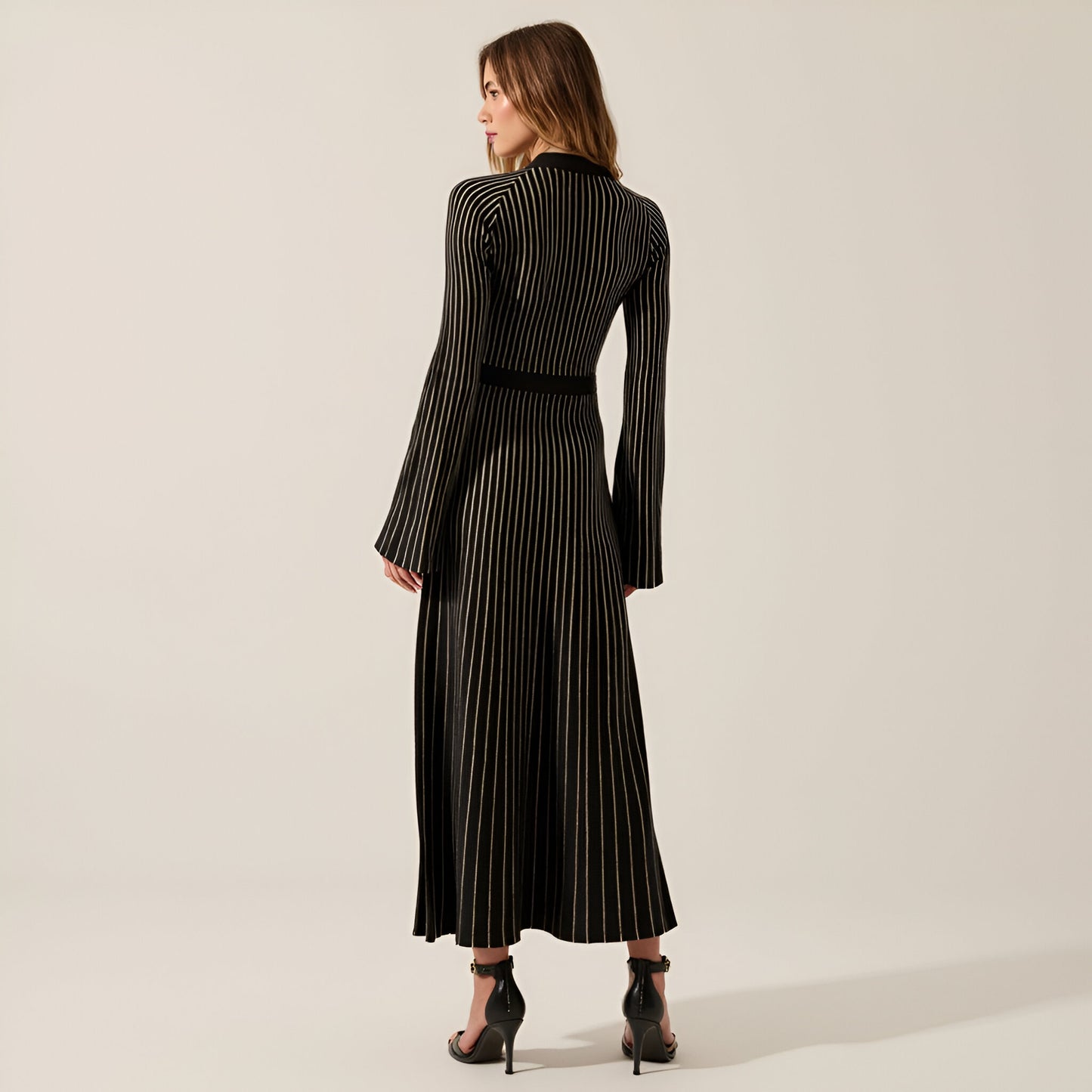 Striped Rib-Knit Long Sleeve Maxi Dress with Mock Neck