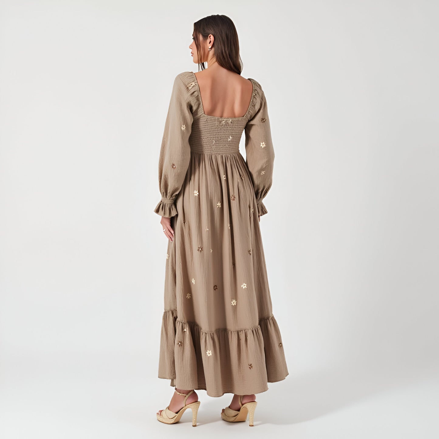 Floral-Embroidered Smocked Maxi Dress with Tiered Skirt and Open Back