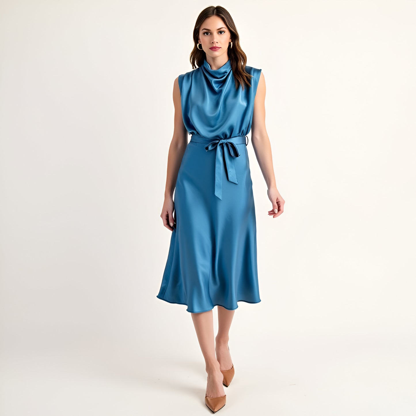 Sleeveless Satin Midi Dress with Cowl Neck and Waist Tie Detail