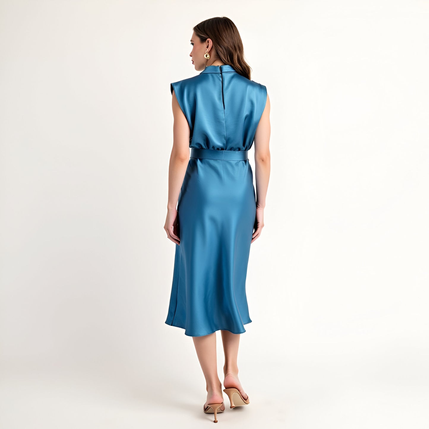 Sleeveless Satin Midi Dress with Cowl Neck and Waist Tie Detail