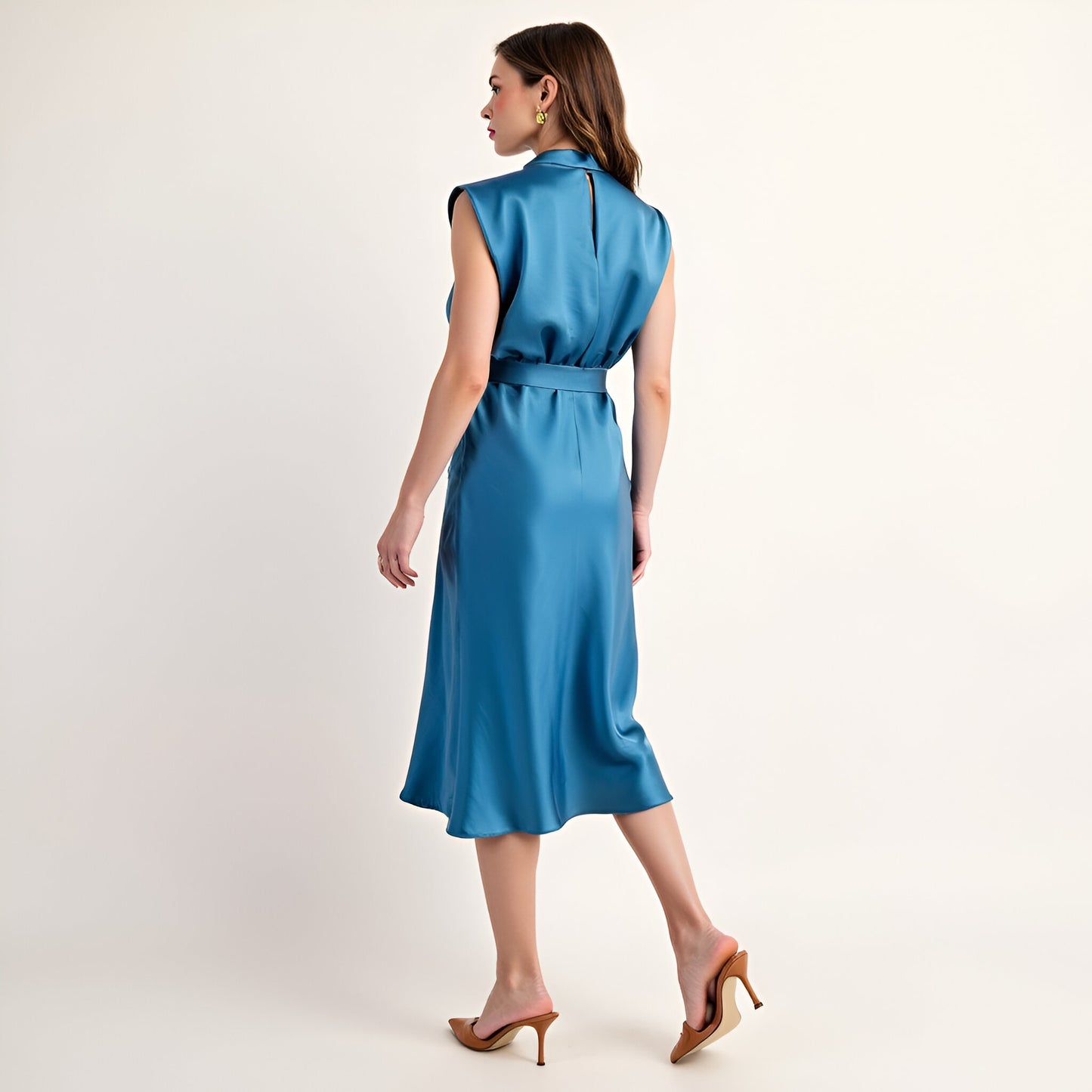 Sleeveless Satin Midi Dress with Cowl Neck and Waist Tie Detail
