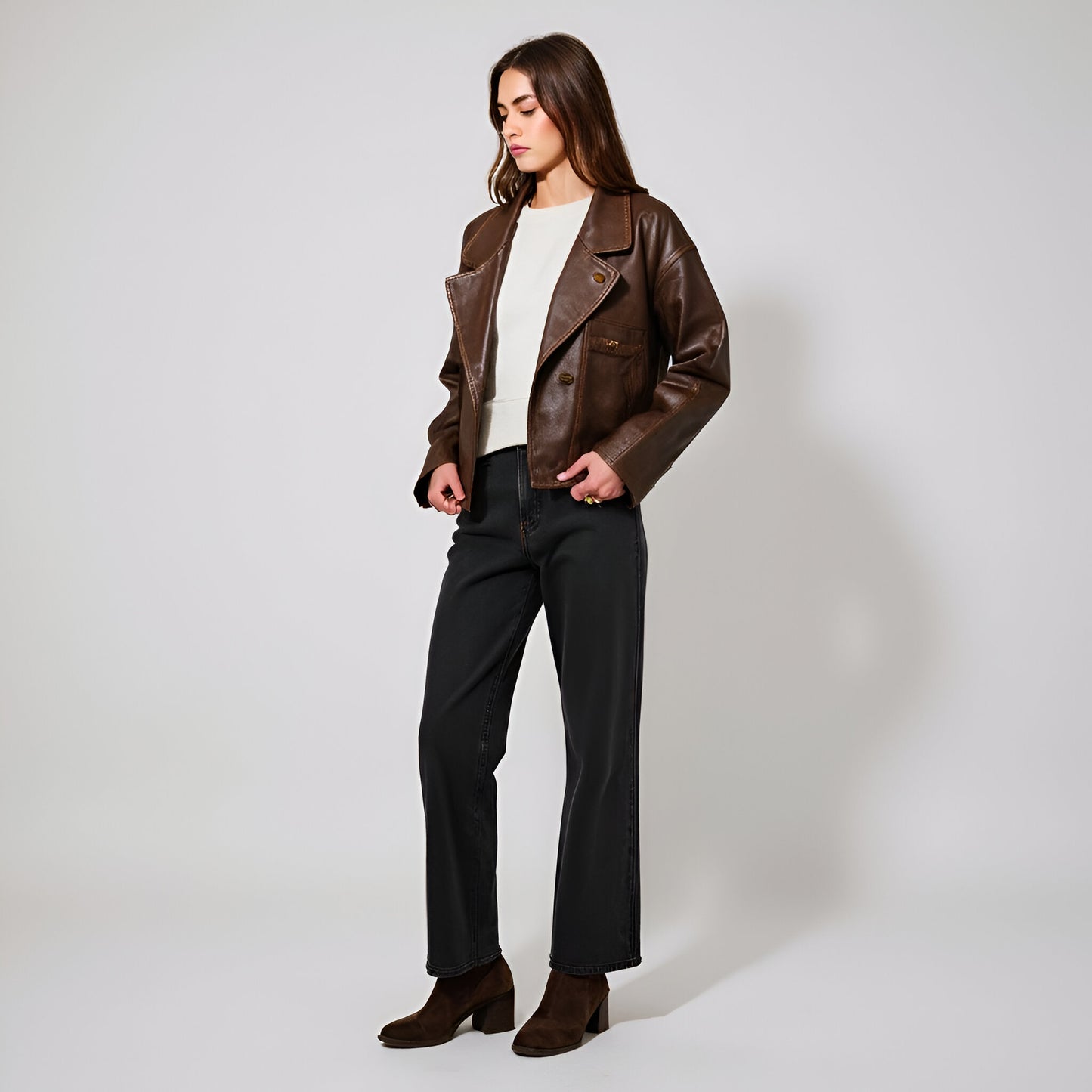 Faux Leather Cropped Jacket with Notched Lapels and Single-Breasted Closure