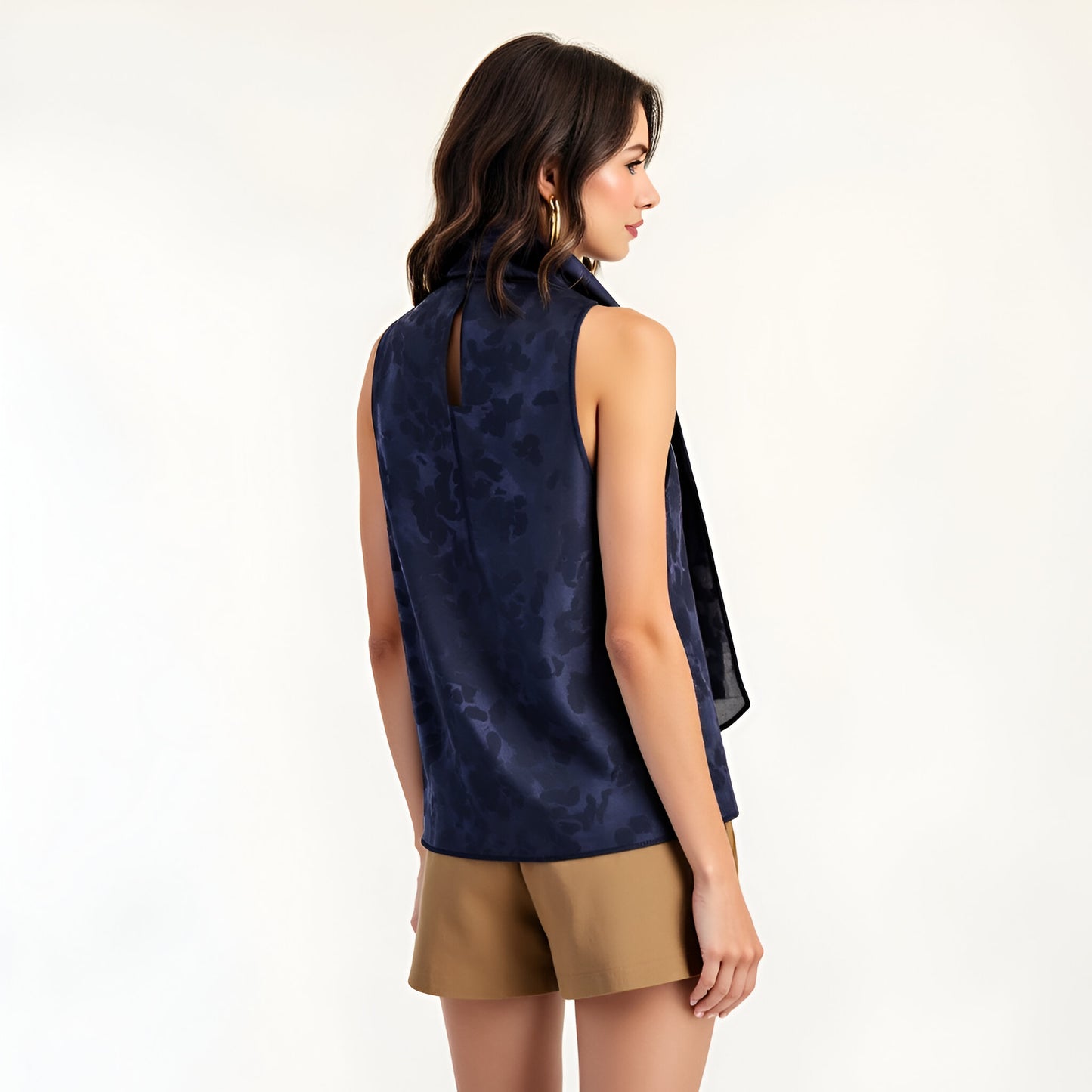 Jacquard Sleeveless Top with Draped Neck Tie and Subtle Floral Texture