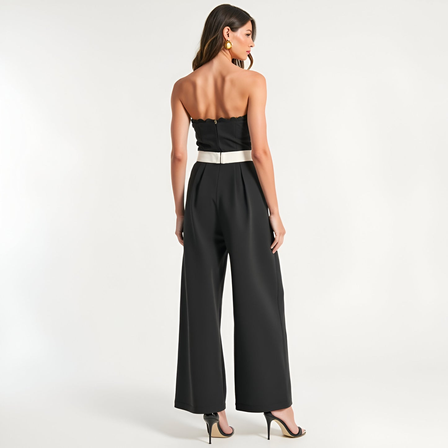 Strapless Jumpsuit with Scalloped Bodice, White Waist Belt and Wide-Leg Pants