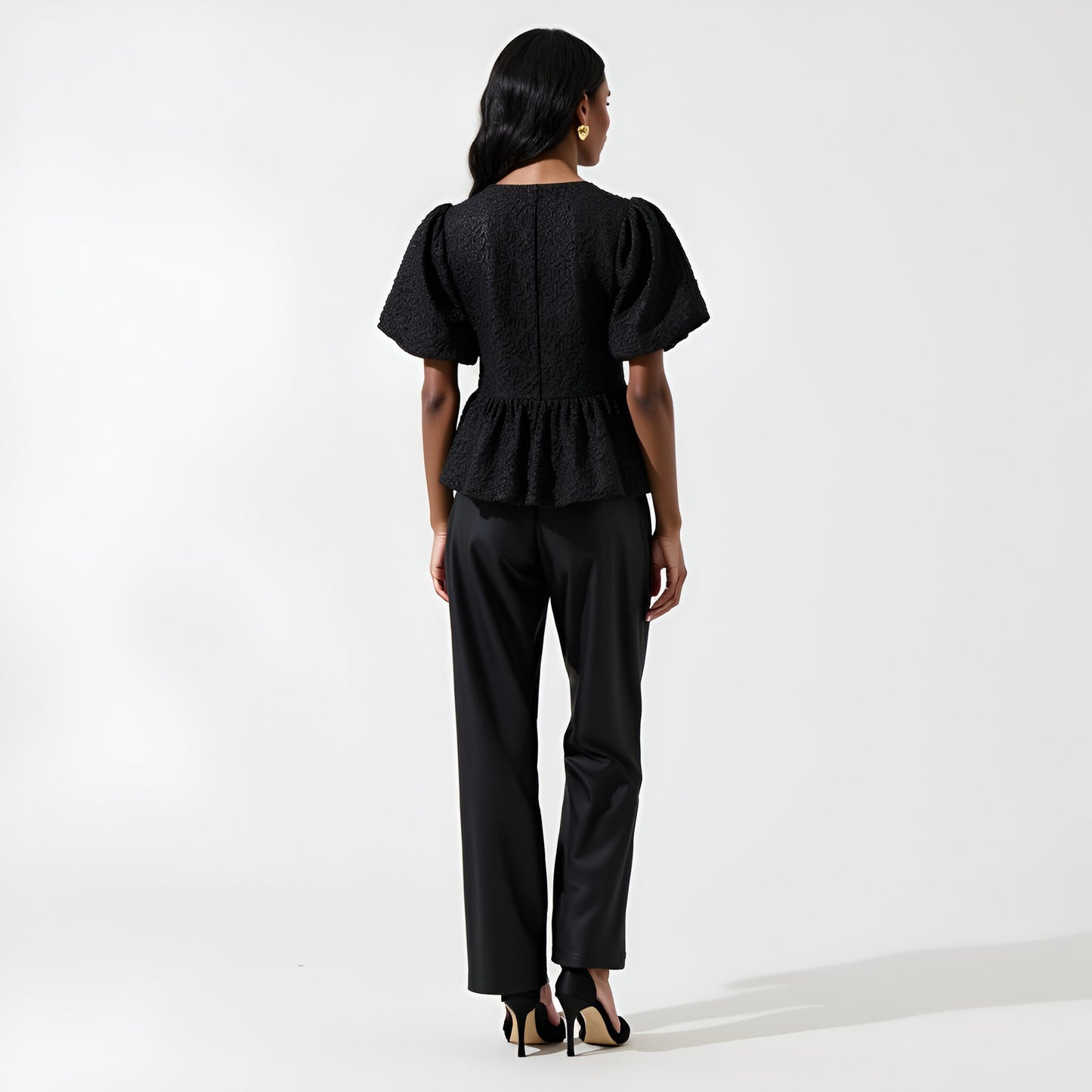 Jacquard Puff Sleeve Peplum Top with Crystal Bow Embellishments