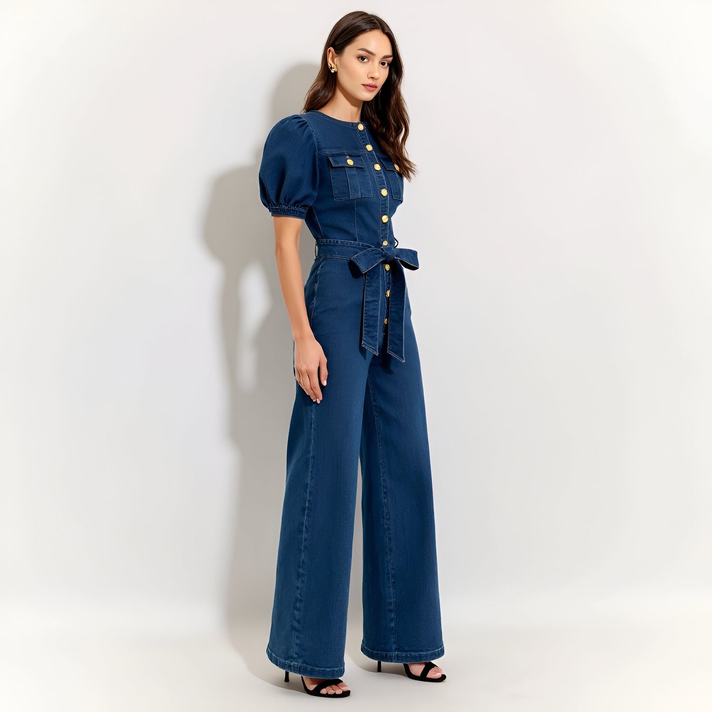 Denim Puff Sleeve Jumpsuit with Button Front and Tie Waist