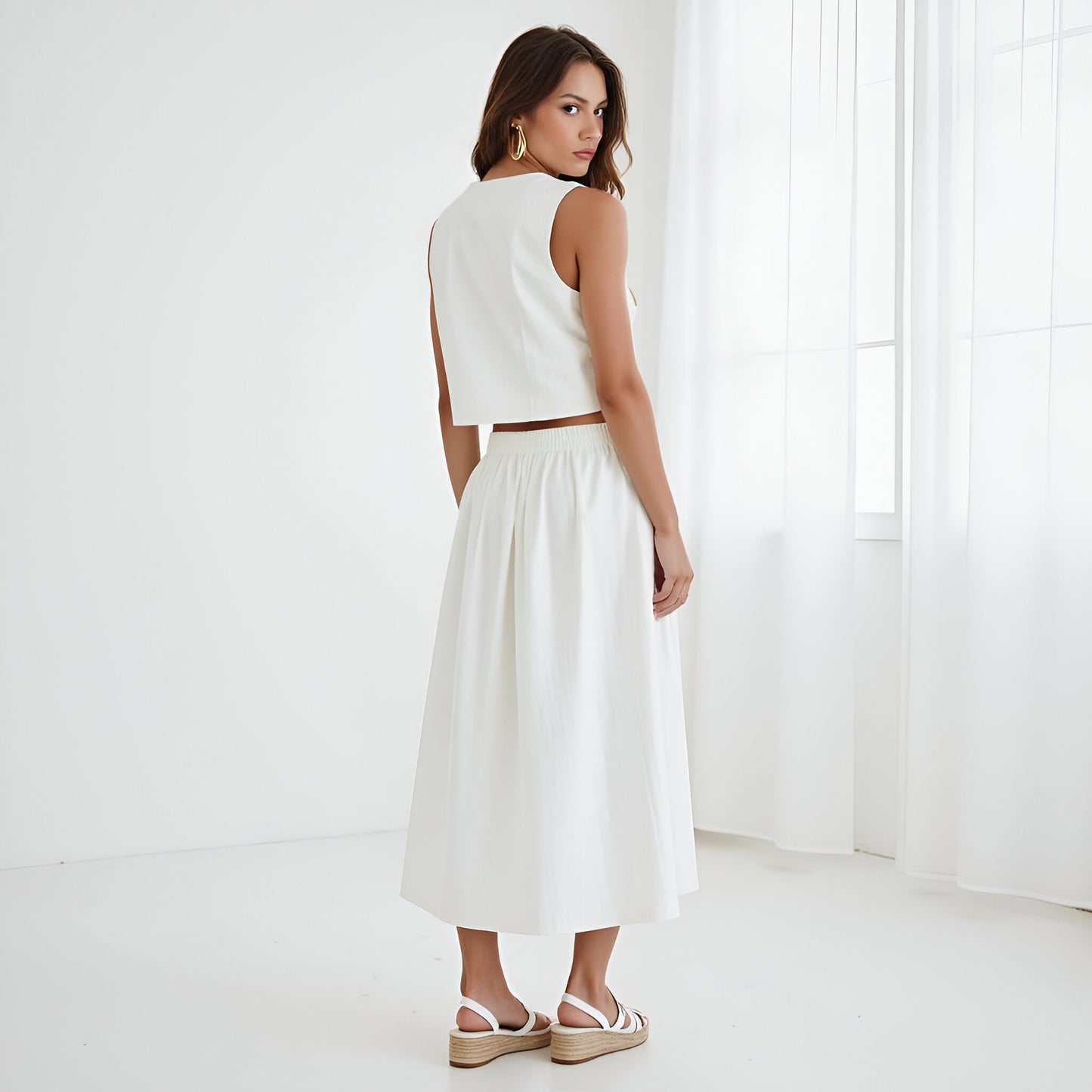 Cropped Double-Breasted Vest Top and Elastic Waist Maxi Skirt Set