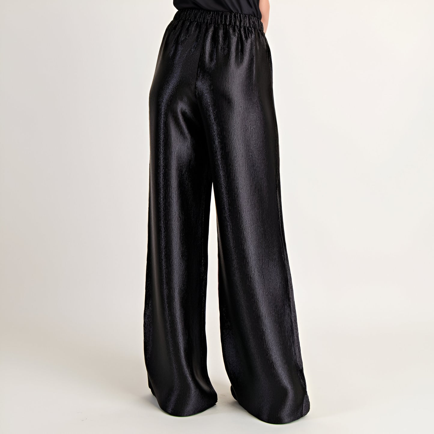 Wide Leg Satin Pants with Elastic Waist and Flowing Full-Length Fit