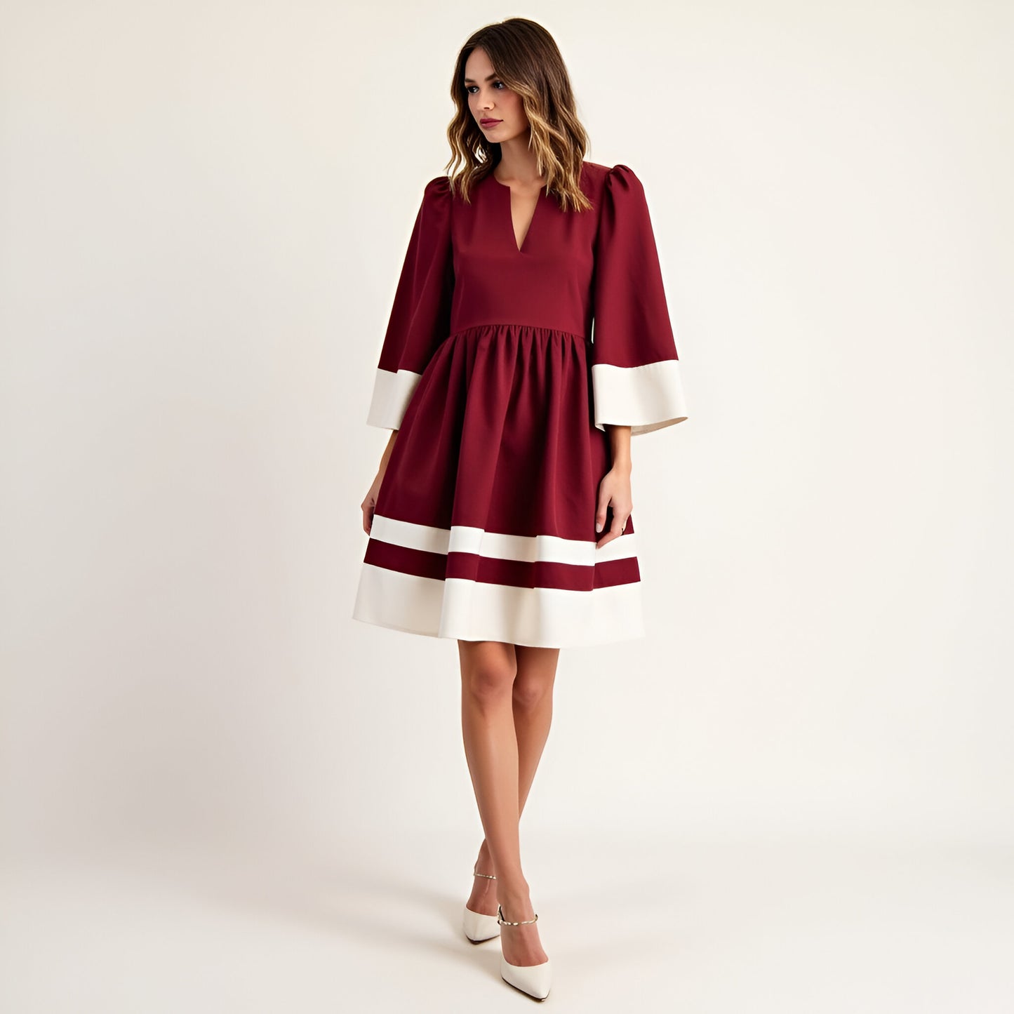 Fit and Flare Mini Dress with Contrast Cuff, Hemline and Notch Neck