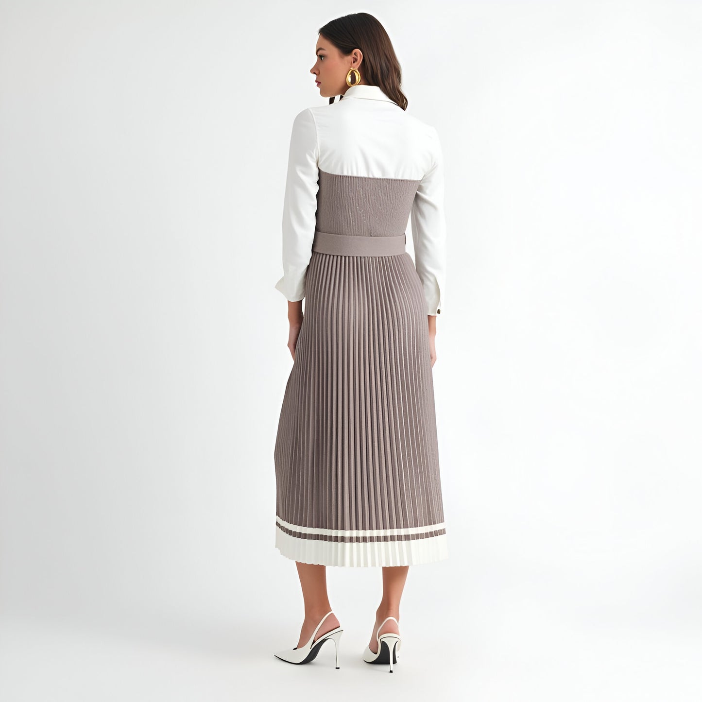 Pleated Midi Dress with Belted Waist, Shirt Collar and Contrast Hem