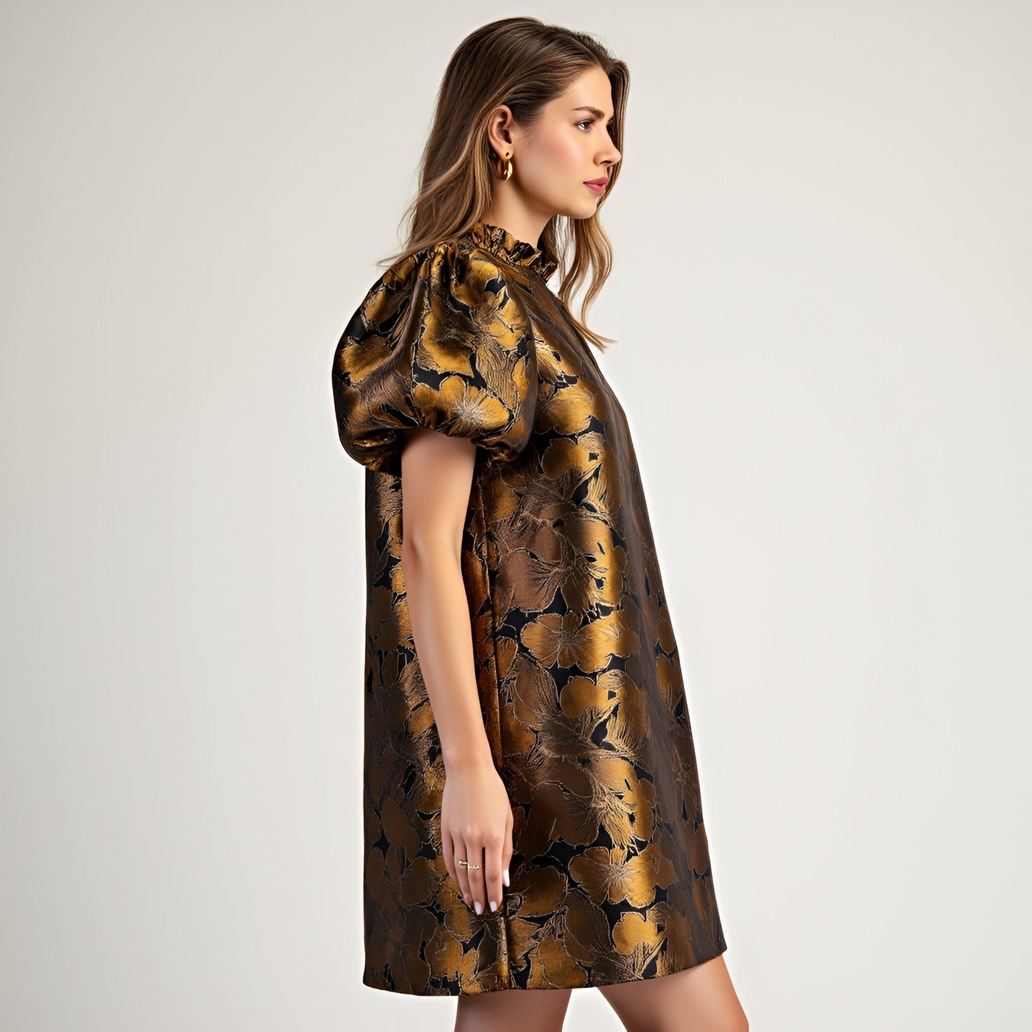 Metallic Floral Puff Sleeve Dress with Ruffled Collar and A-Line Silhouette