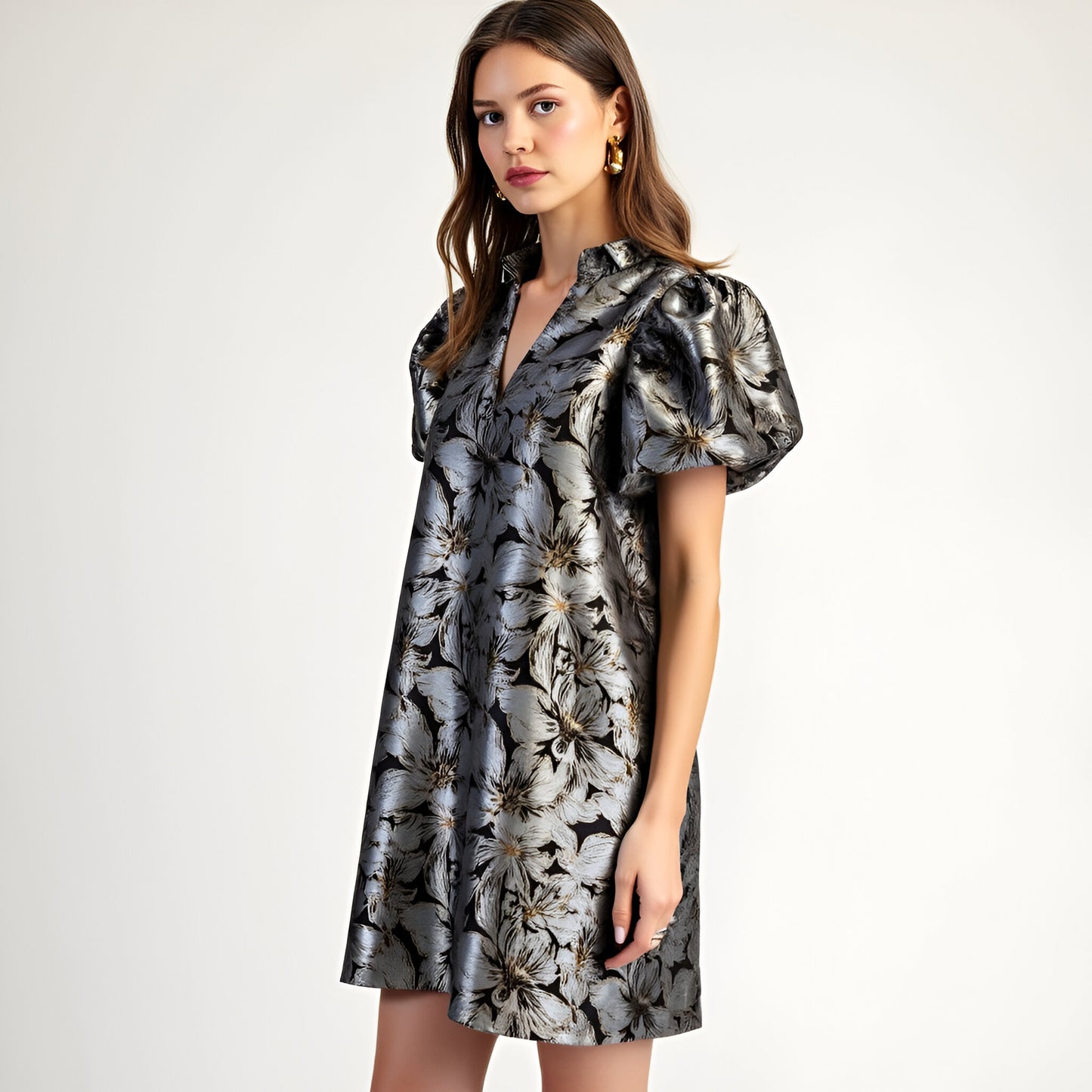 Shimmer Jacquard Mini Dress with Puff Sleeves and Split V-Neckline