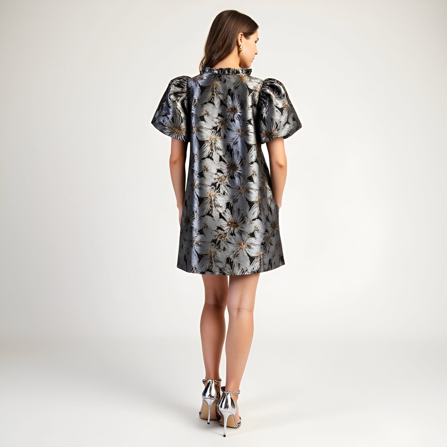 Shimmer Jacquard Mini Dress with Puff Sleeves and Split V-Neckline
