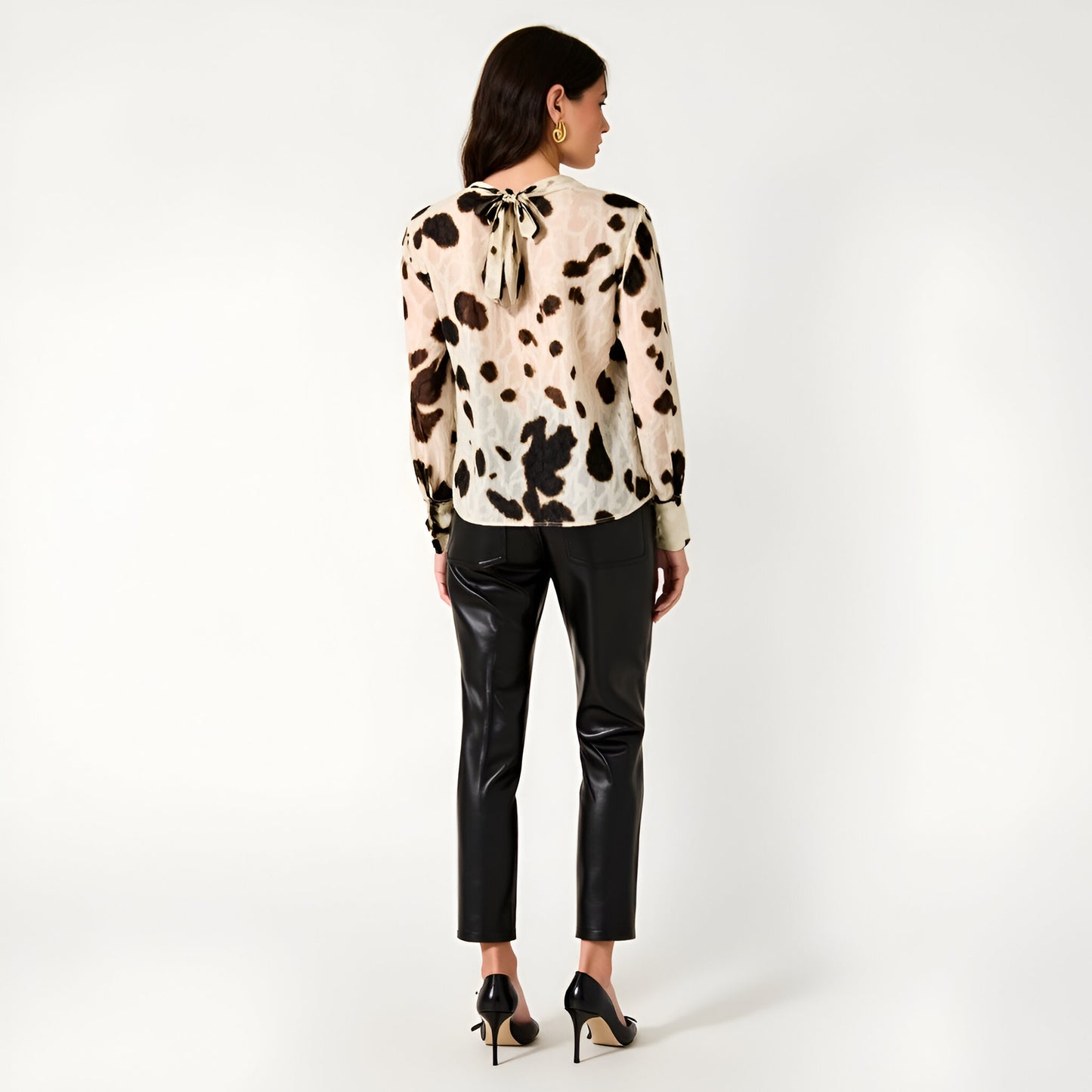 Leopard Print Sheer High Neck Blouse with Back Tie and Long Cuffed Sleeves