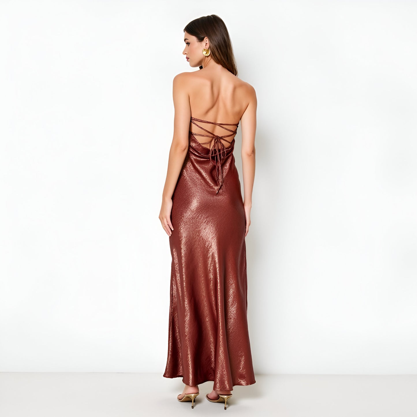 Shimmer Cowl Neck Gown with Halter Tie and Side Lace-Up Detail