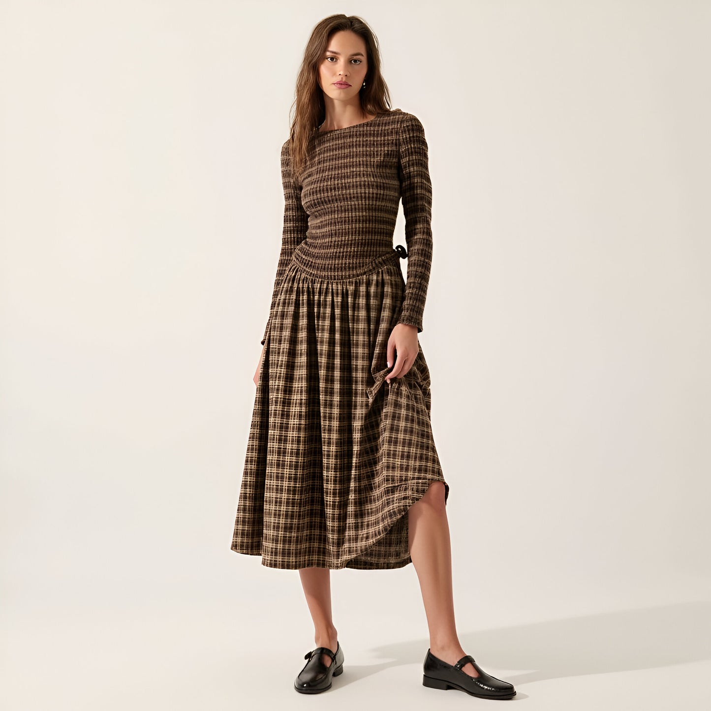 Plaid Long Sleeve Midi Dress with Fitted Bodice and Gathered Skirt