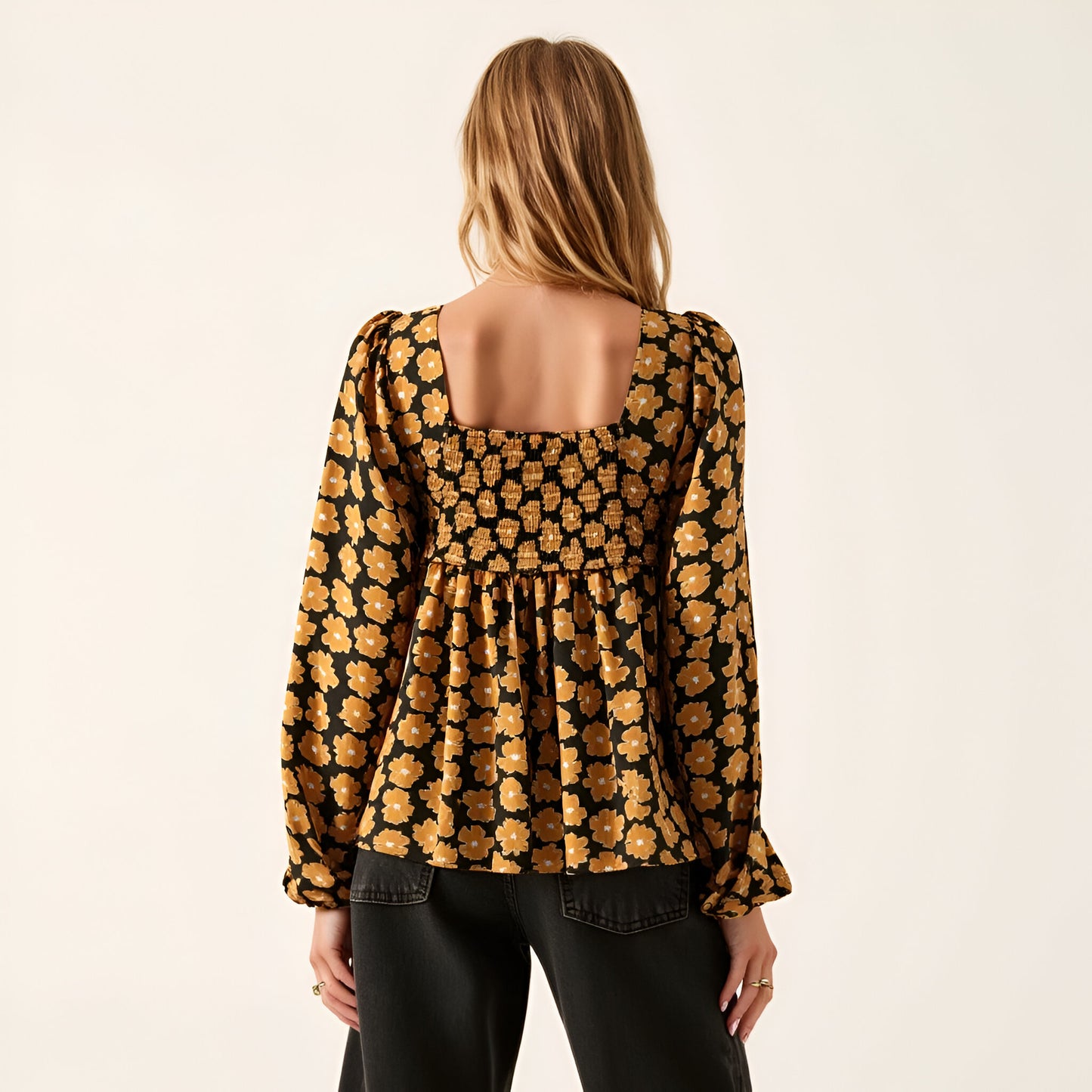 Floral Print Smocked Bodice Long Sleeve Top with Square Neckline