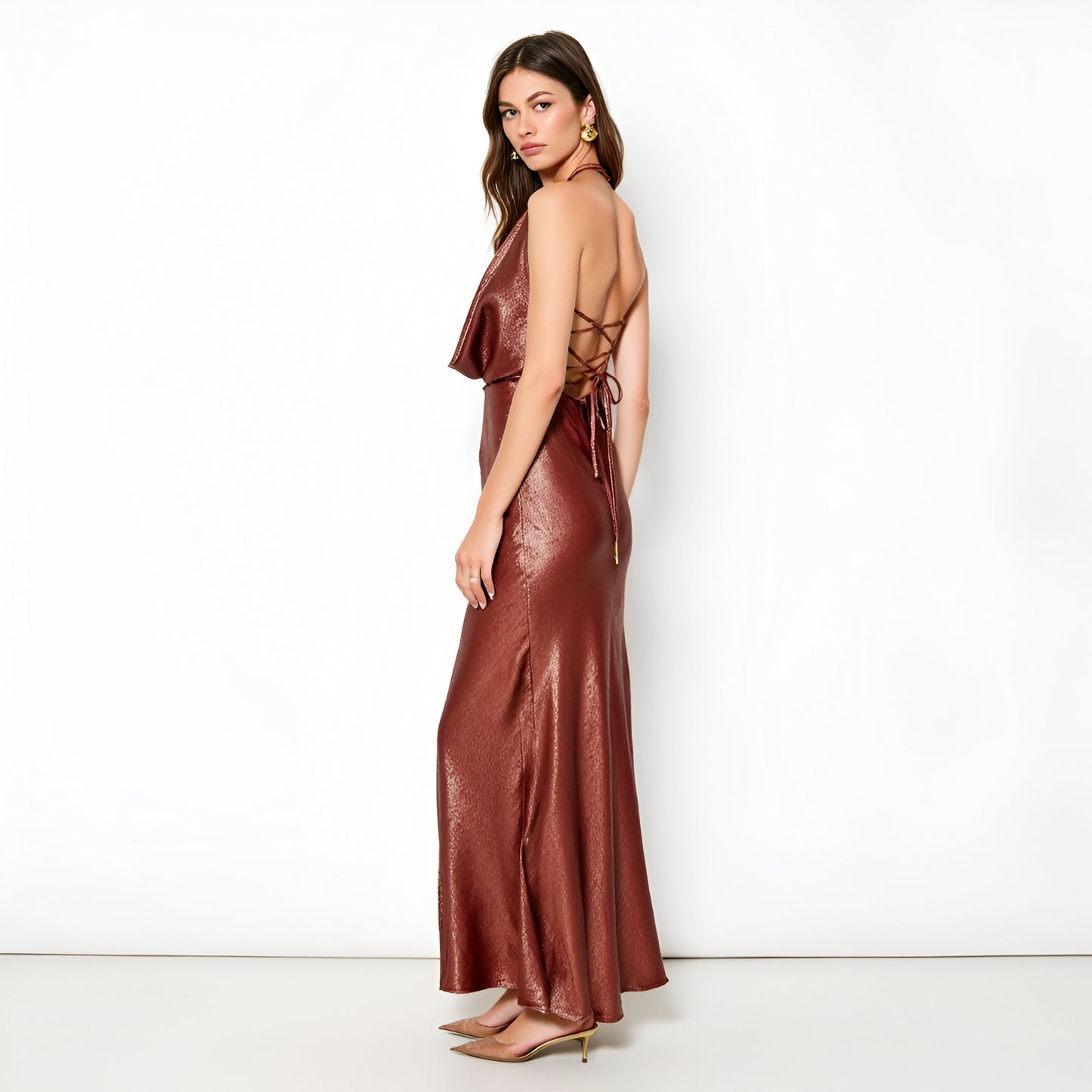 Shimmer Cowl Neck Gown with Halter Tie and Side Lace-Up Detail