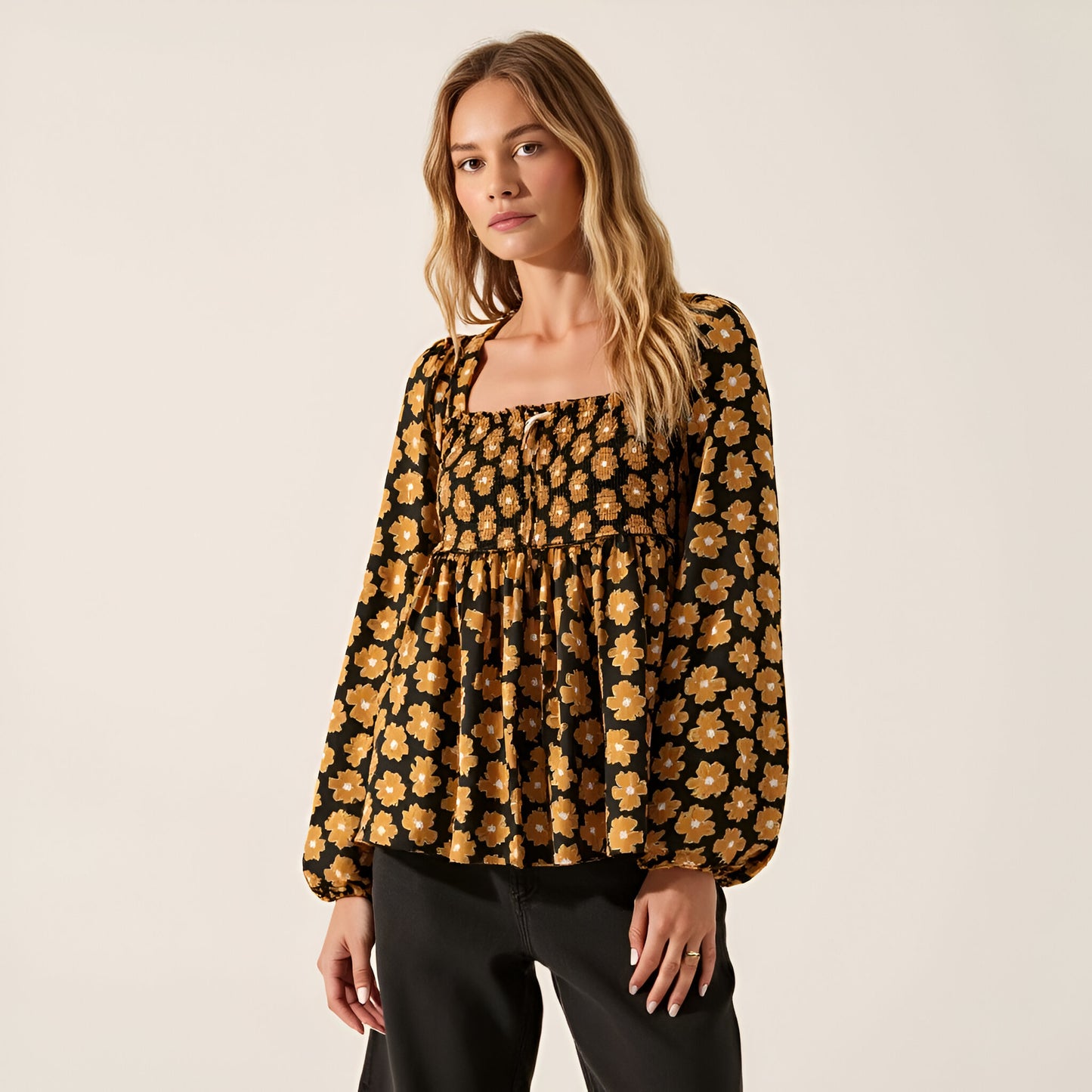 Floral Print Smocked Bodice Long Sleeve Top with Square Neckline