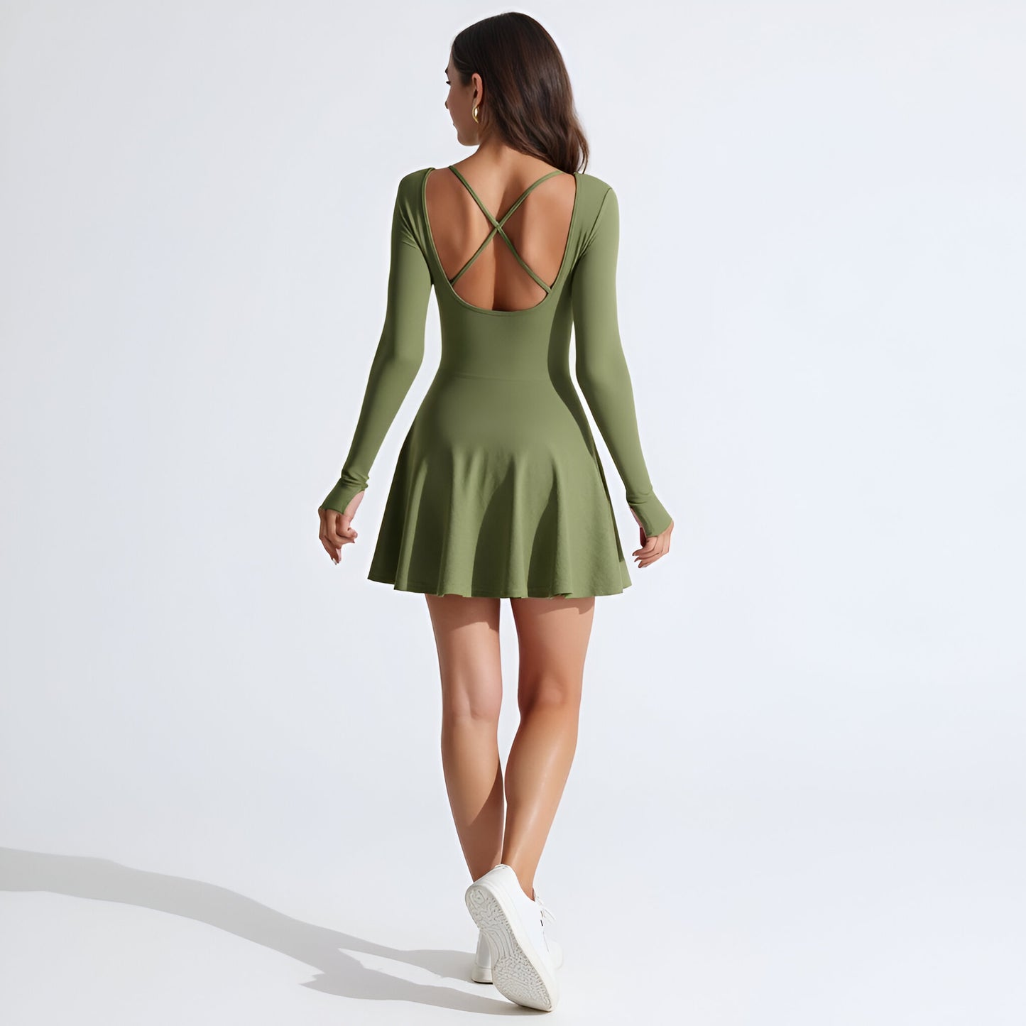 Fit and Flare Long Sleeve Mini Dress with Square Neckline and Crisscross Open Back
