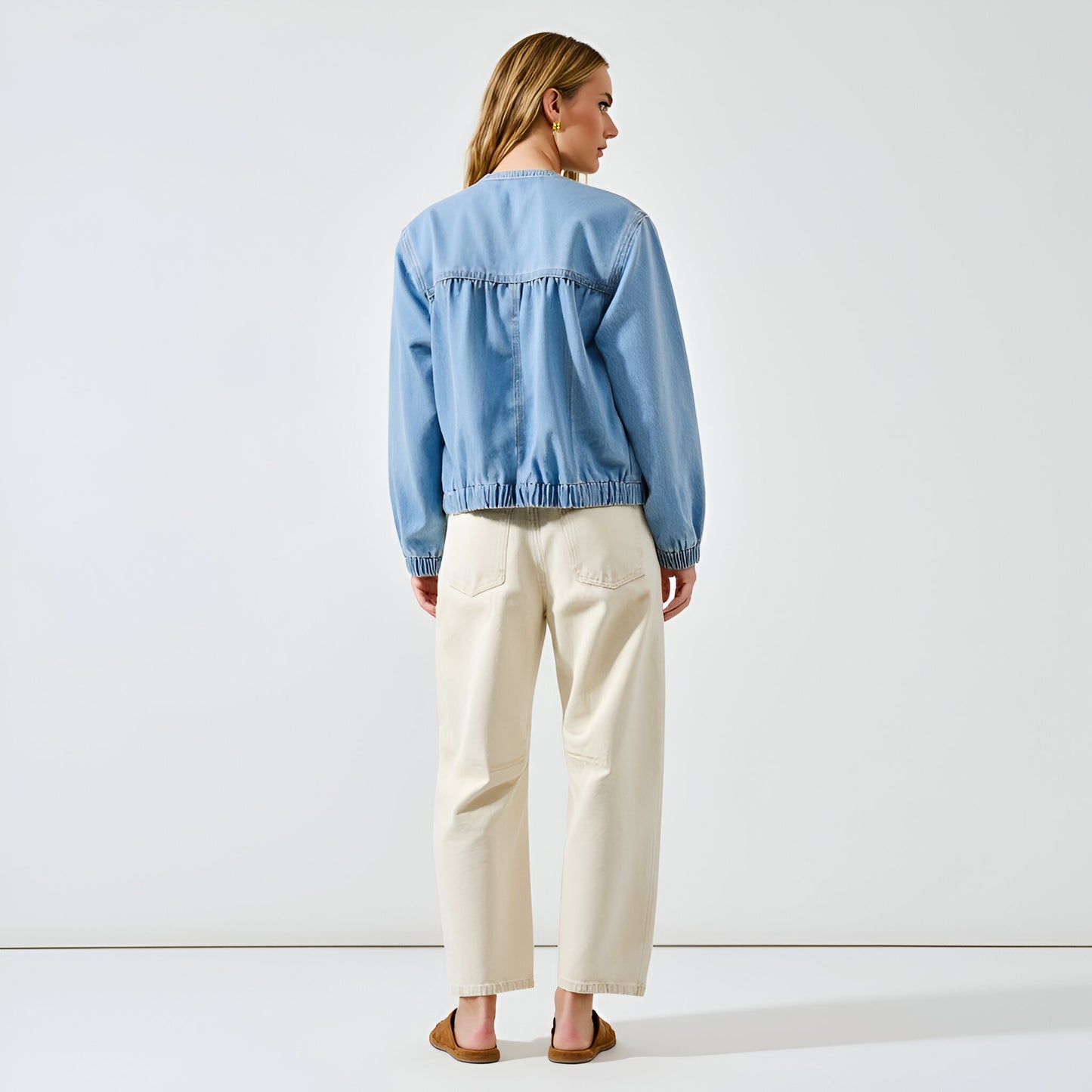 Denim Long Sleeve Jacket with Tiered Front Panels and Elastic Hem