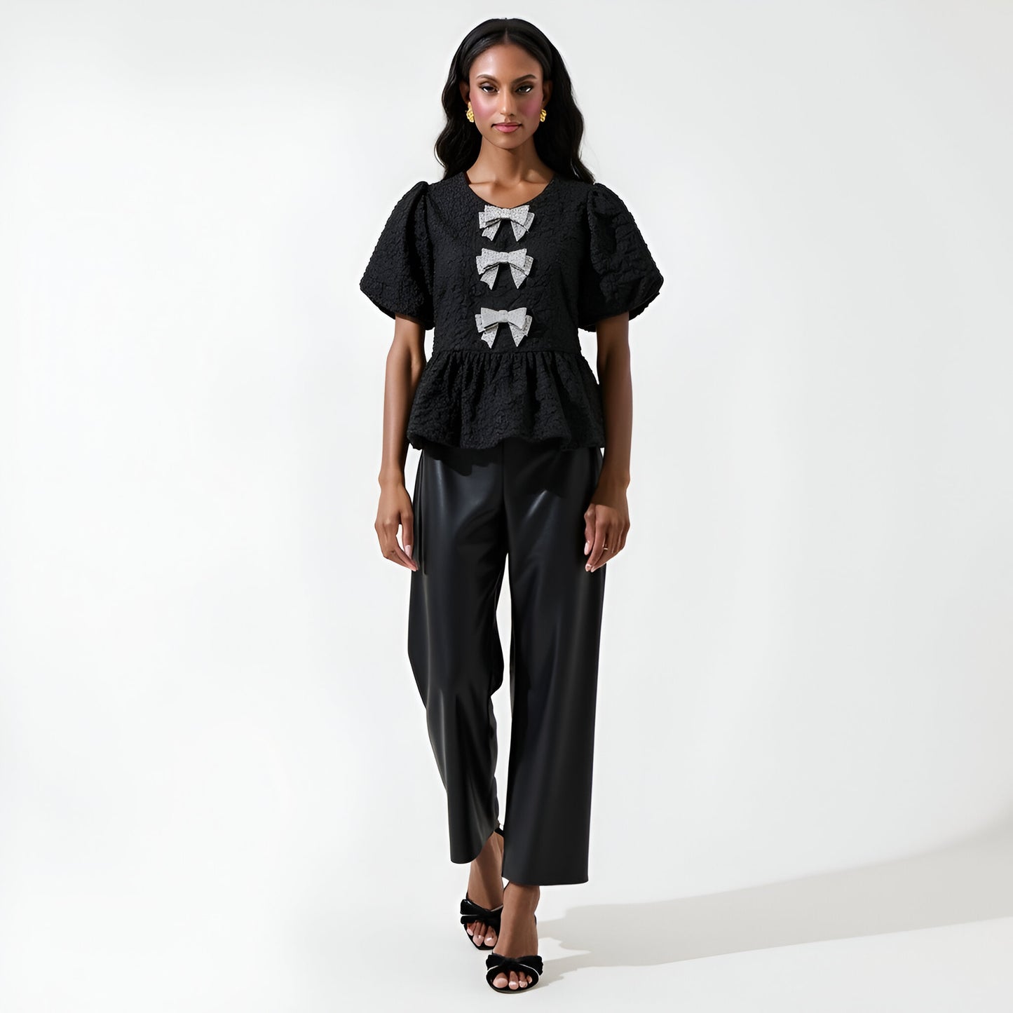 Jacquard Puff Sleeve Peplum Top with Crystal Bow Embellishments