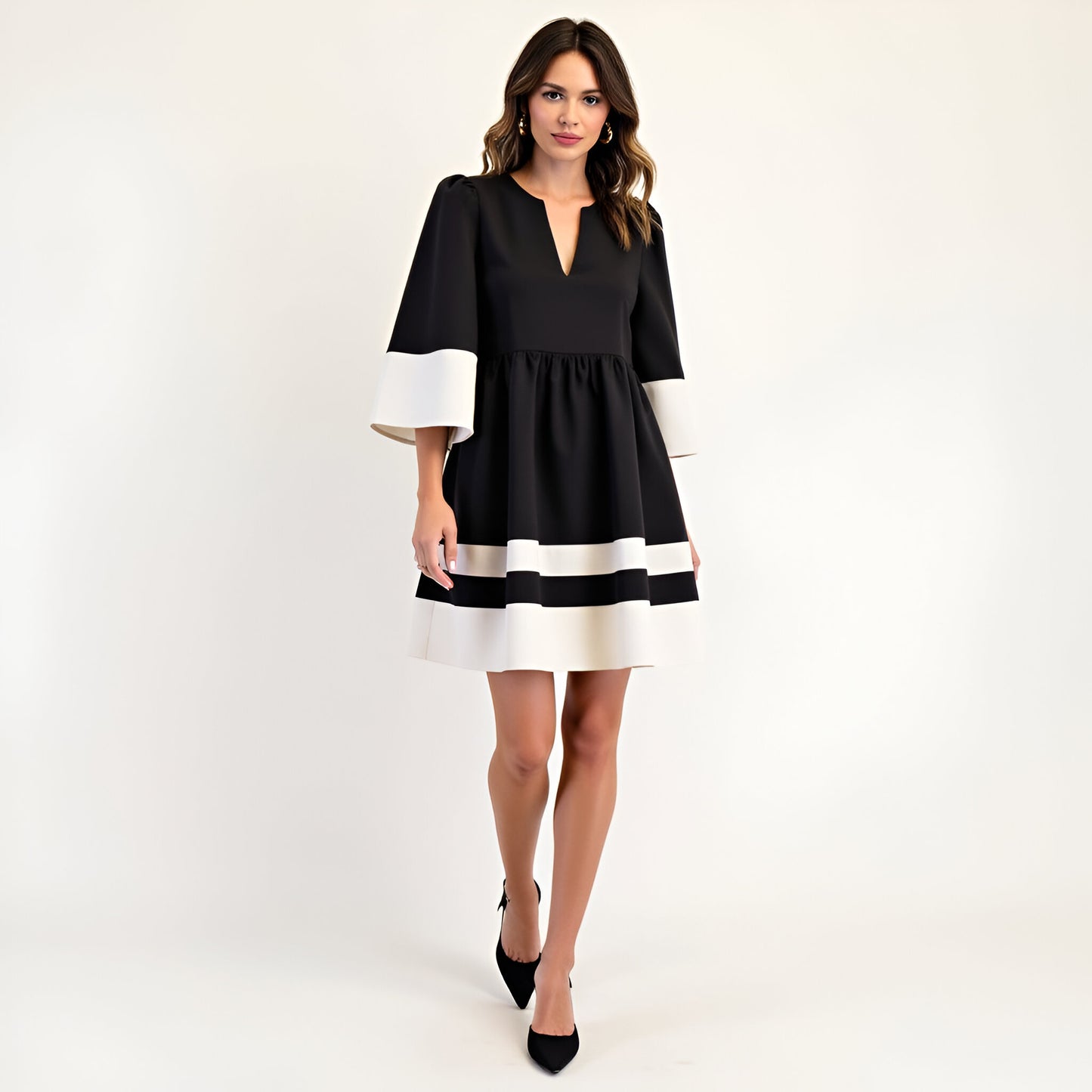 Fit and Flare Mini Dress with Contrast Trim, Cuffed Sleeves and V-Neck
