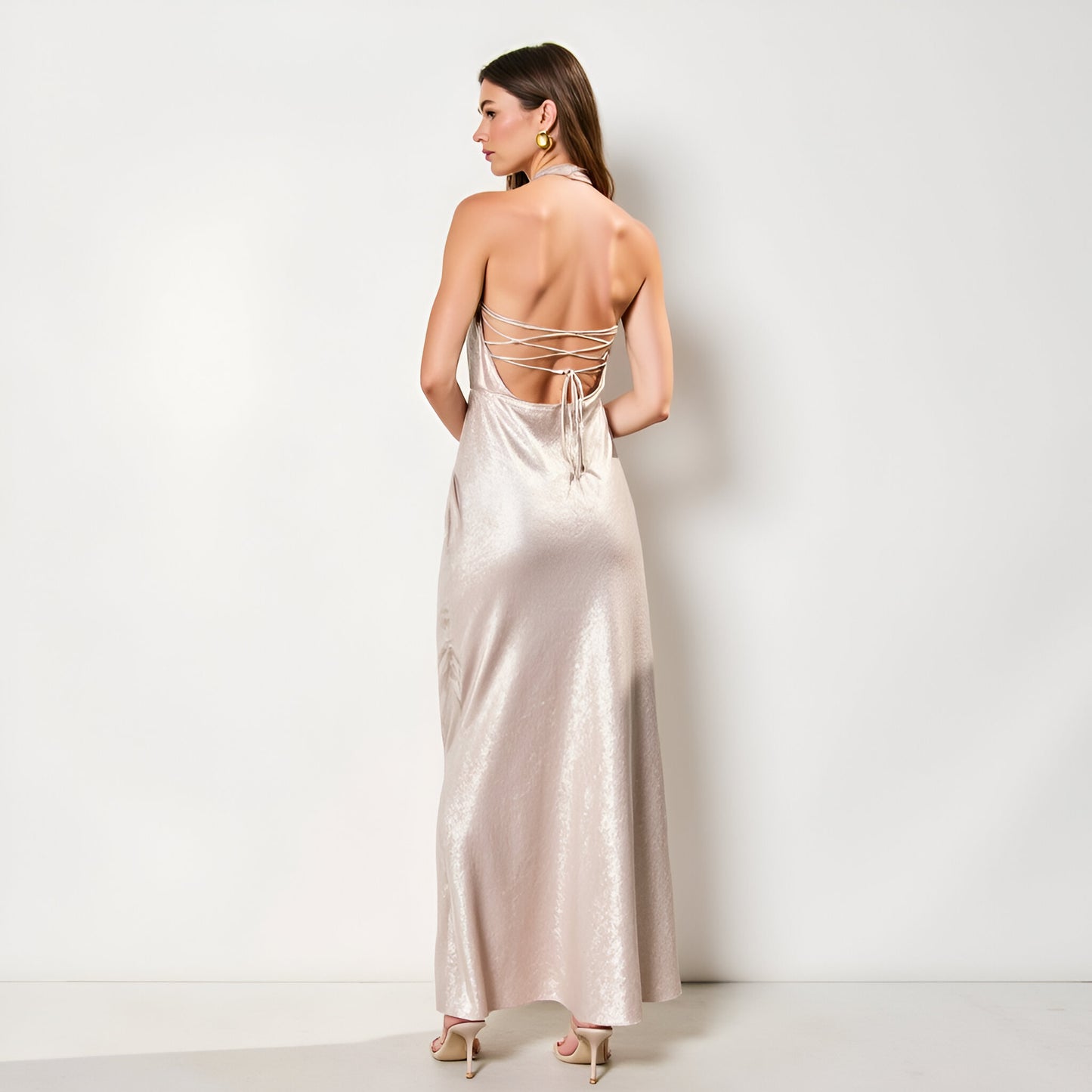 Shimmer Cowl Neck Halter Gown with Open Back and Floor-Length Skirt