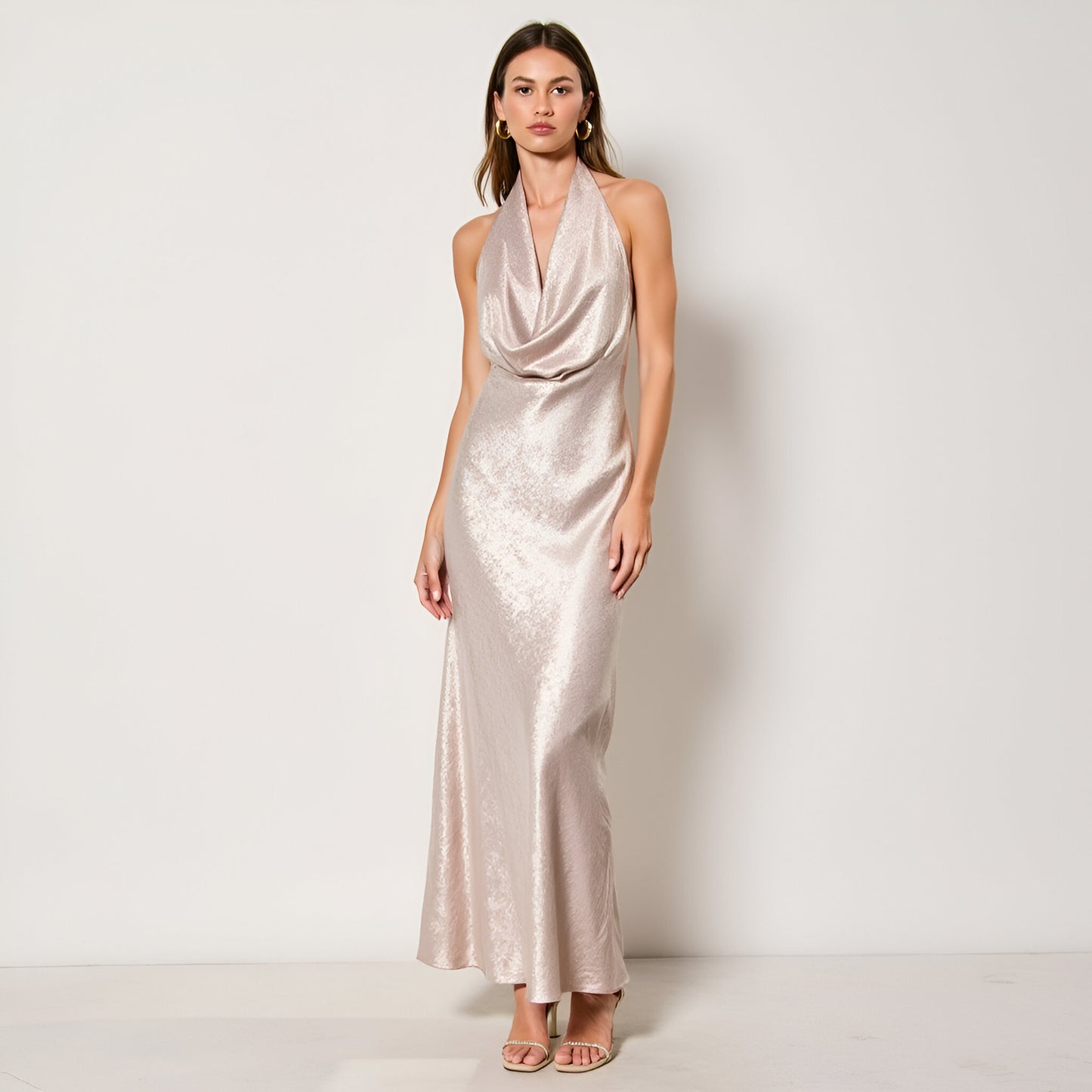 Shimmer Cowl Neck Halter Gown with Open Back and Floor-Length Skirt