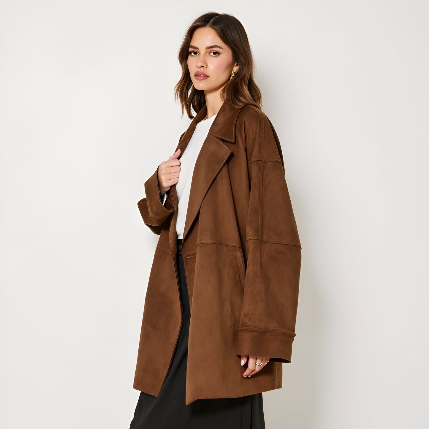 Oversized Faux Suede Coat with Wide Lapels and Side Pockets