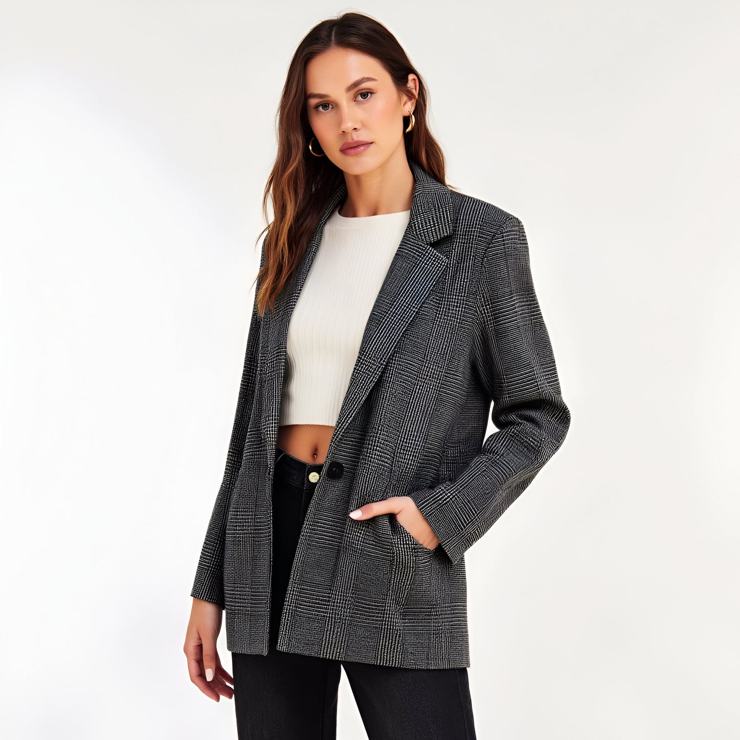 Plaid Single-Breasted Blazer with Notched Lapels and Front Pockets